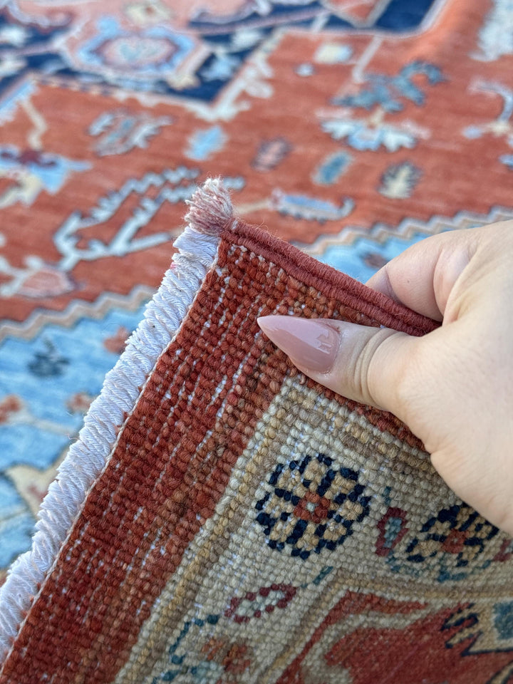 8x10 (243x304) Handmade Afghan Rug | Burnt Terracotta Orange Rust Brick Red Sky Denim Powder Midnight Navy Blue Tan Cream Pine Mint Green