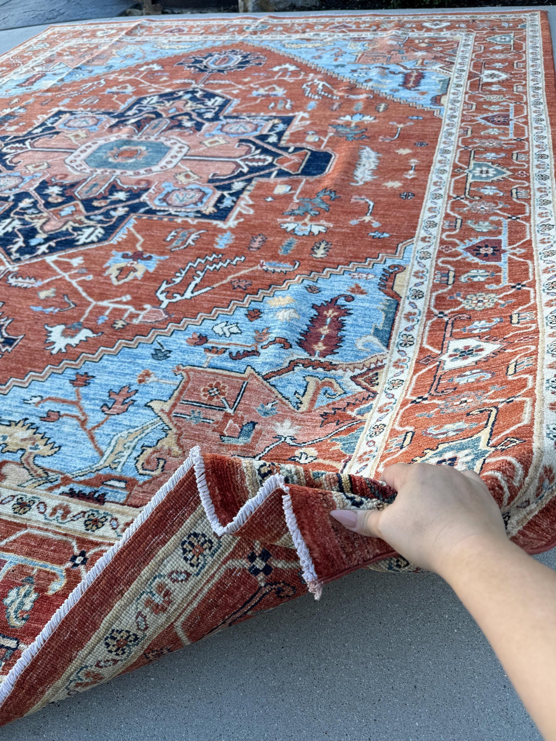 8x10 (243x304) Handmade Afghan Rug | Burnt Terracotta Orange Rust Brick Red Sky Denim Powder Midnight Navy Blue Tan Cream Pine Mint Green