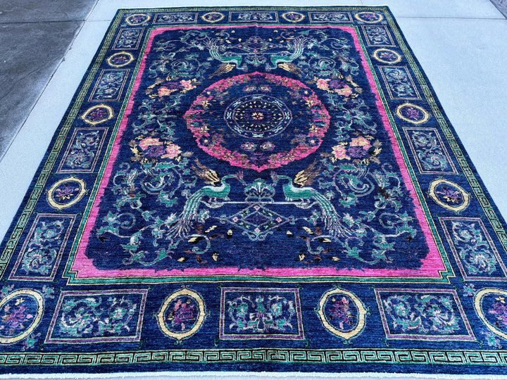 8x10 (243x304) Handmade Afghan Rug | Navy Midnight Prussian Denim Blue Pine Forest Green Teal Fuchsia Cream Gold Yellow Tan Brown Purple