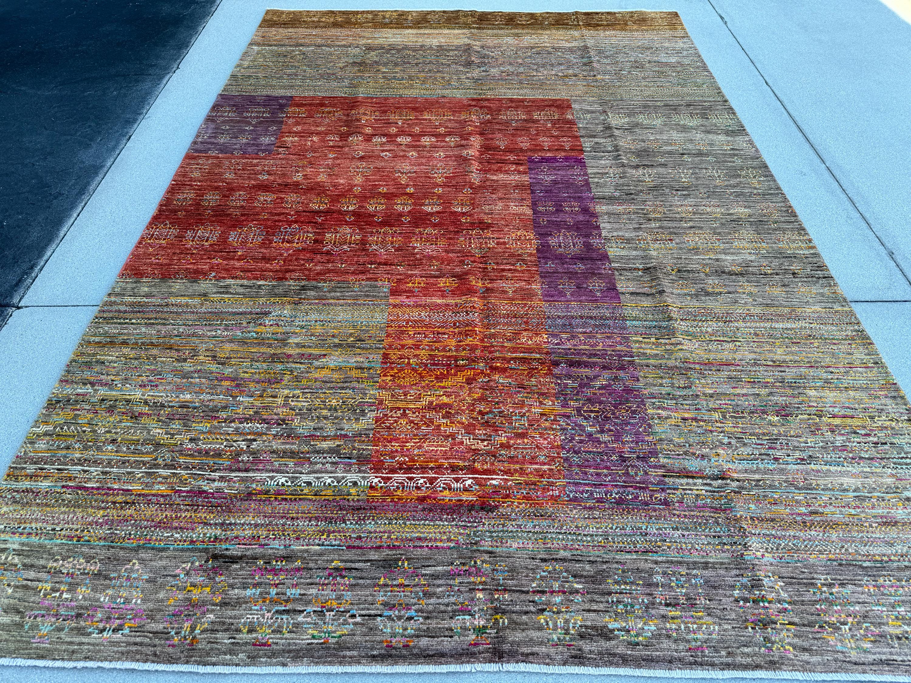 6-7x10 (213x304) Handmade Afghan Rug | Caramel Tan Coffee Sand Brown Cream Aqua Blue Rust Red Eggplant Purple Blush Pink Peach Orange | Wool