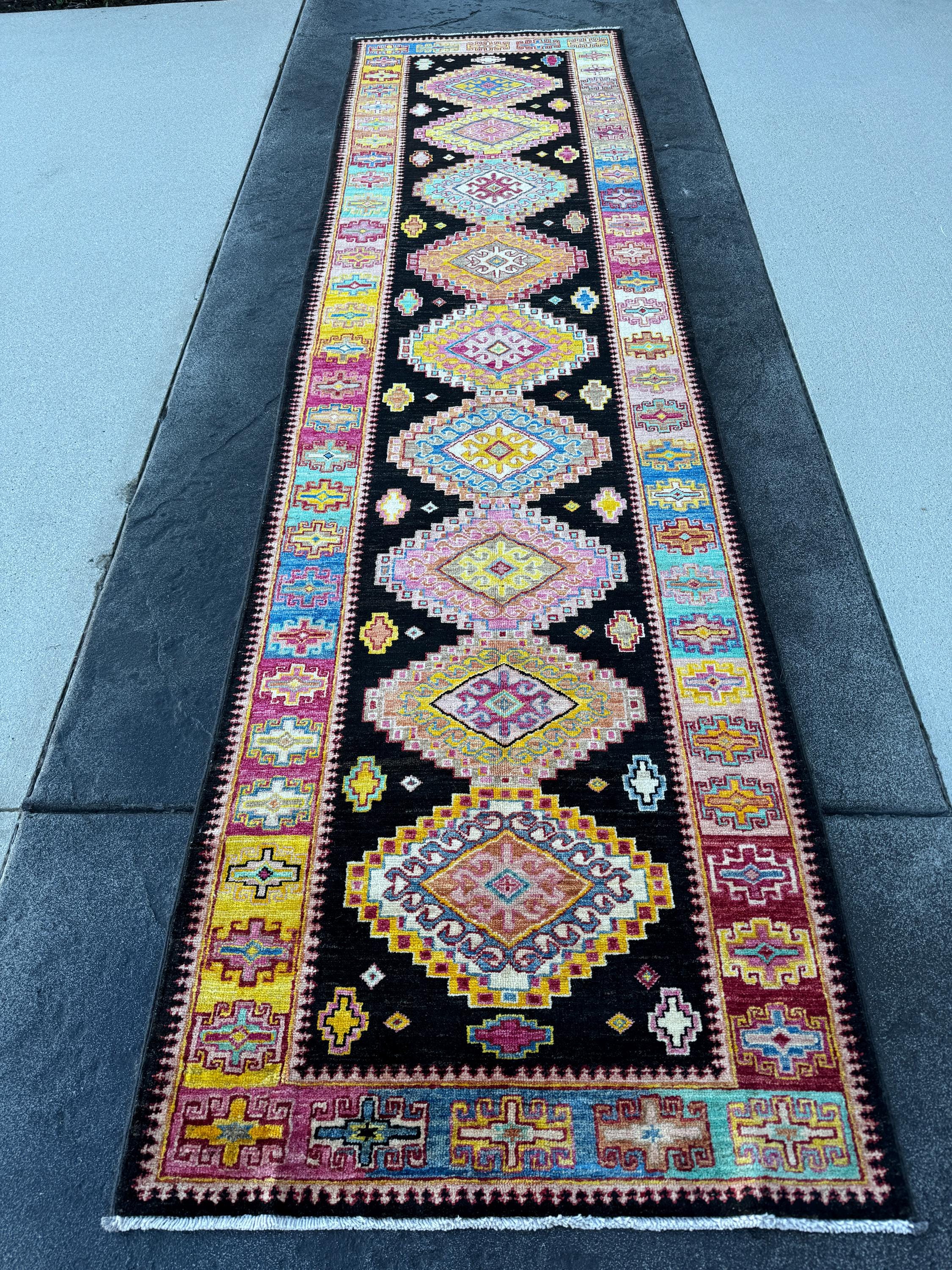 3x10 (91x304) Handmade Afghan Runner Rug | Black Ivory White Yellow Peach Saffron Orange Fuchsia Salmon Pink Denim Aqua Blue Turquoise Red