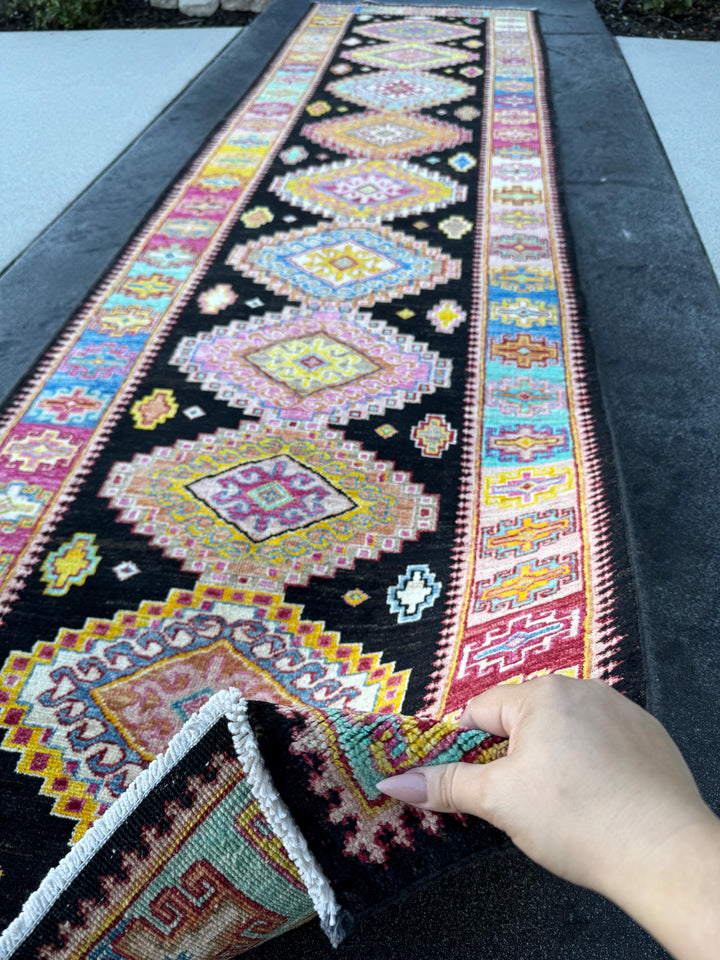 3x10 (91x304) Handmade Afghan Runner Rug | Black Ivory White Yellow Peach Saffron Orange Fuchsia Salmon Pink Denim Aqua Blue Turquoise Red