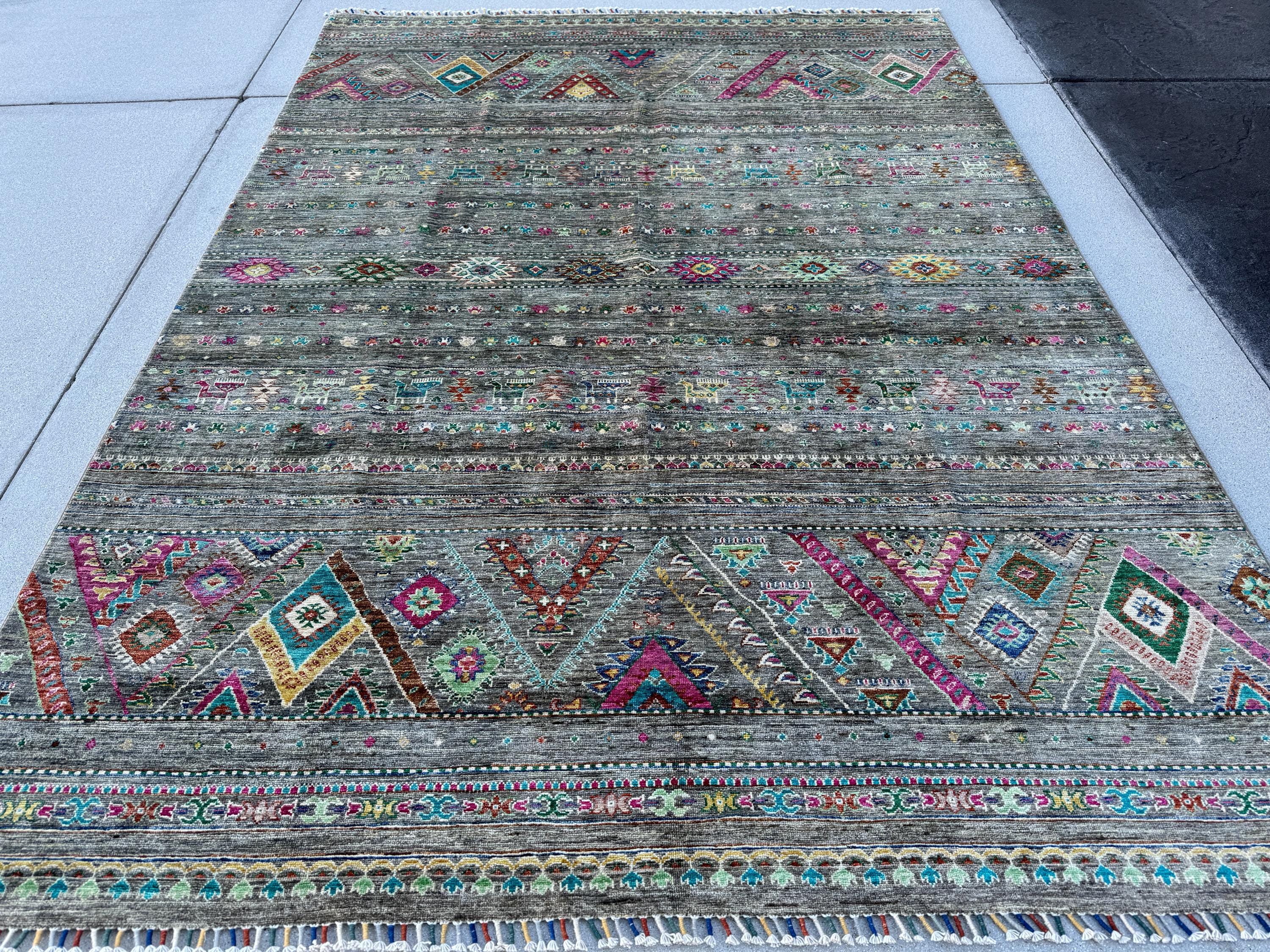 7x10 (213x304) Handmade Afghan Rug | Grey Gray Taupe Mocha Caramel Brown Mustard Fuchsia Pink Teal Cream Rust Red Lime Forest Green Purple