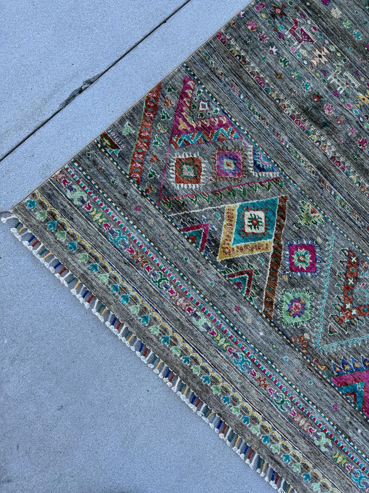 7x10 (213x304) Handmade Afghan Rug | Grey Gray Taupe Mocha Caramel Brown Mustard Fuchsia Pink Teal Cream Rust Red Lime Forest Green Purple