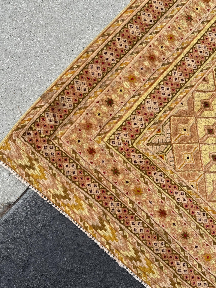 5x7 (147x195) Handmade Kilim Afghan Rug | Gold Saffron Mustard Yellow Beige Taupe Tan Caramel Brown Burnt Orange Garnet Red | Flatweave Wool