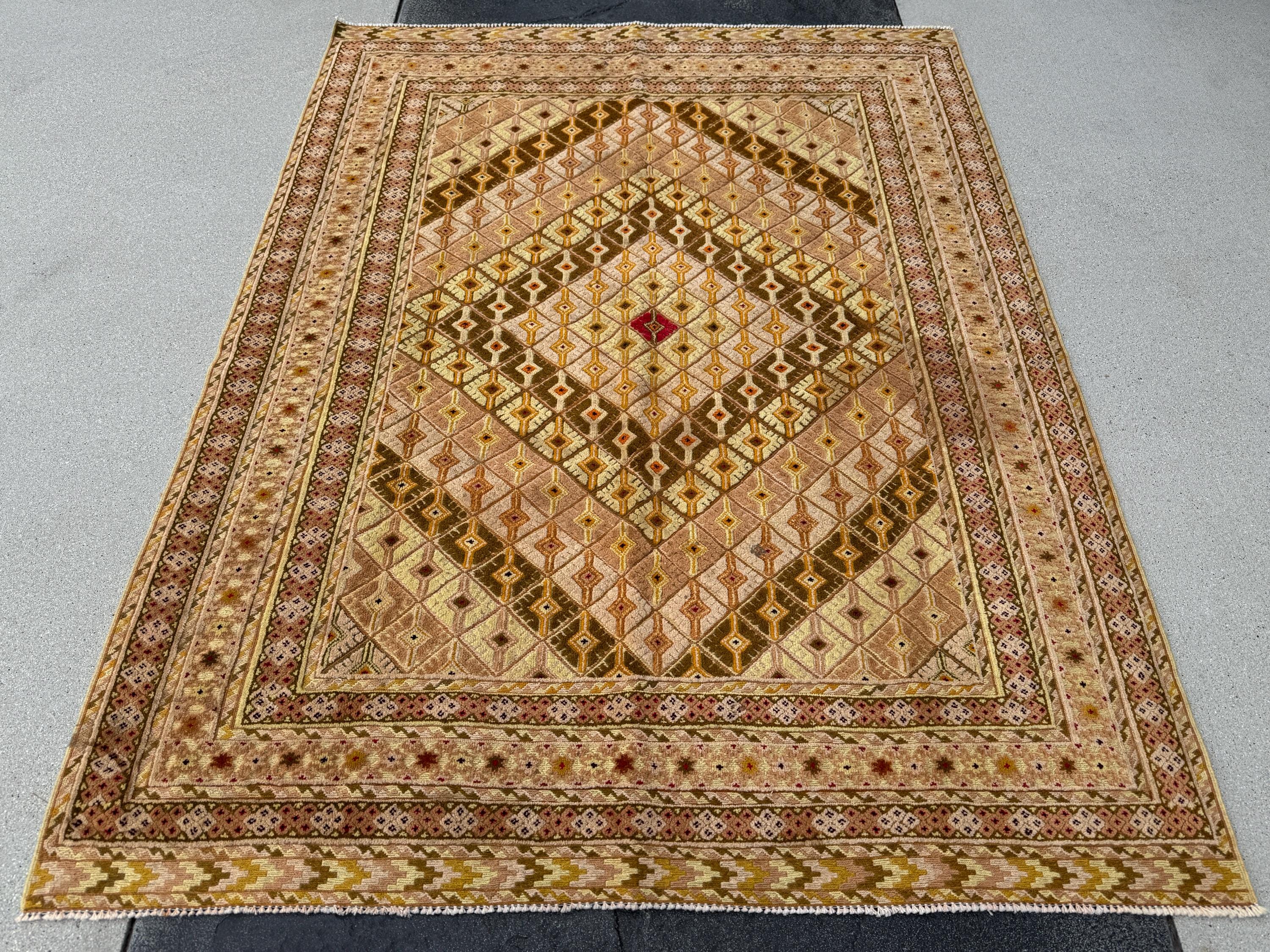 5x7 (147x195) Handmade Kilim Afghan Rug | Gold Saffron Mustard Yellow Beige Taupe Tan Caramel Brown Burnt Orange Garnet Red | Flatweave Wool