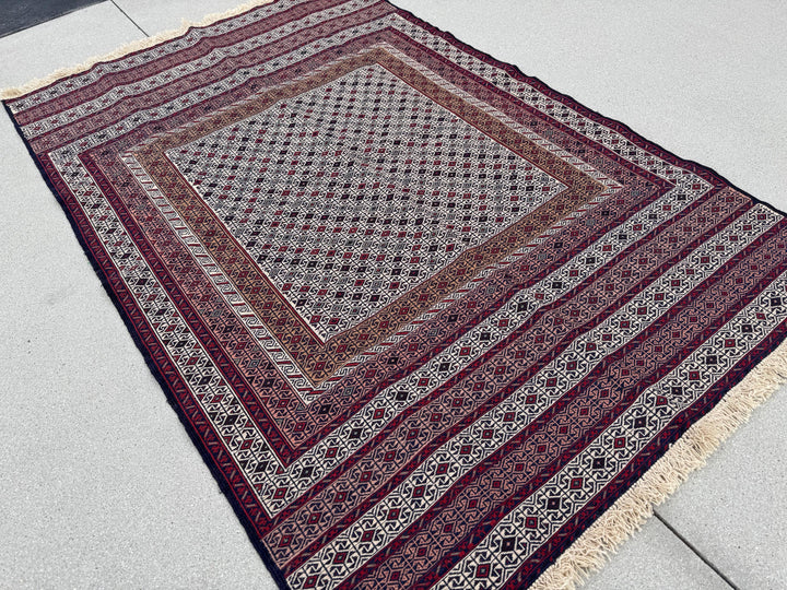 4x6 (119x187) Handmade Vintage Soumak Afghan Rug | Crimson Garnet Brick Ruby Blood Red Auburn Maroon Taupe Ivory Cream Prussian Blue Black