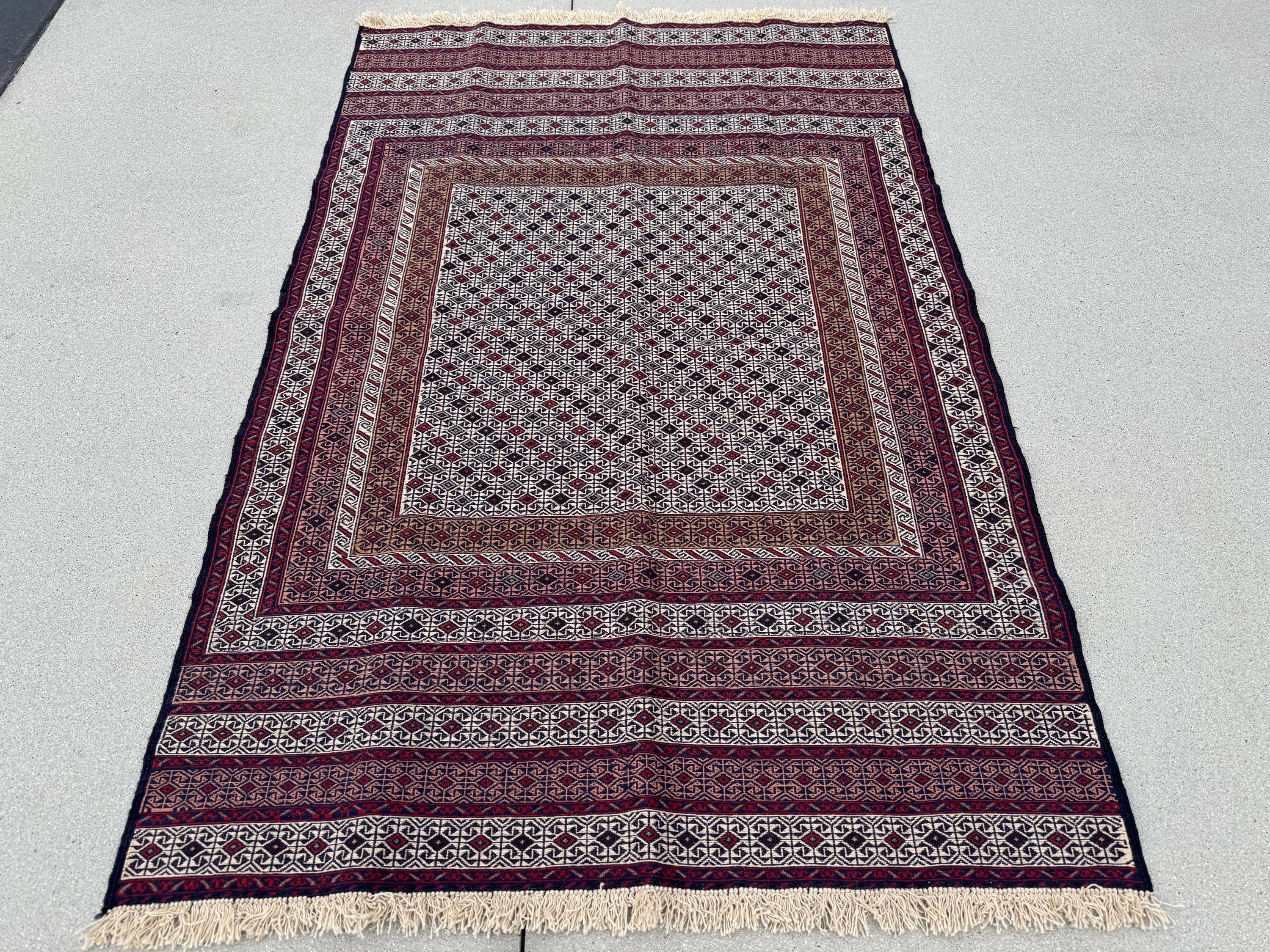 4x6 (119x187) Handmade Vintage Soumak Afghan Rug | Crimson Garnet Brick Ruby Blood Red Auburn Maroon Taupe Ivory Cream Prussian Blue Black