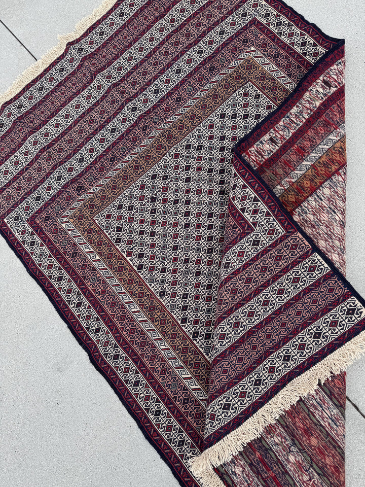 4x6 (119x187) Handmade Vintage Soumak Afghan Rug | Crimson Garnet Brick Ruby Blood Red Auburn Maroon Taupe Ivory Cream Prussian Blue Black