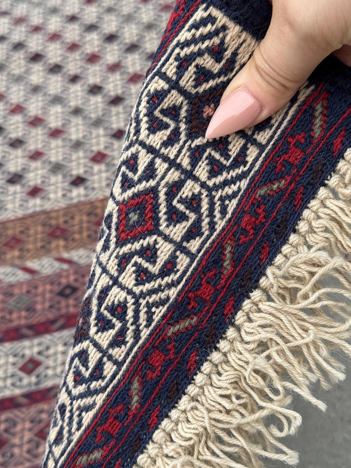 4x6 (119x187) Handmade Vintage Soumak Afghan Rug | Crimson Garnet Brick Ruby Blood Red Auburn Maroon Taupe Ivory Cream Prussian Blue Black