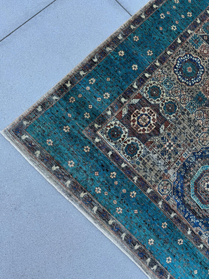 6-7x10 (198x304) Handmade Afghan Rug | Teal Turquoise Cream Beige Taupe Brick Terracotta Red Denim Grey Gray Sapphire Royal Blue | Wool