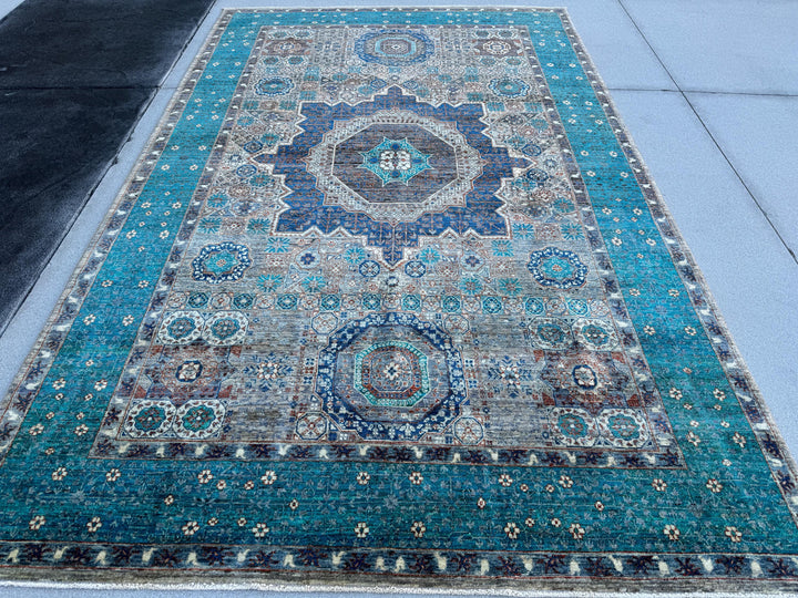 6-7x10 (198x304) Handmade Afghan Rug | Teal Turquoise Cream Beige Taupe Brick Terracotta Red Denim Grey Gray Sapphire Royal Blue | Wool