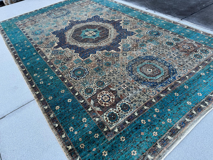 6-7x10 (198x304) Handmade Afghan Rug | Teal Turquoise Cream Beige Taupe Brick Terracotta Red Denim Grey Gray Sapphire Royal Blue | Wool