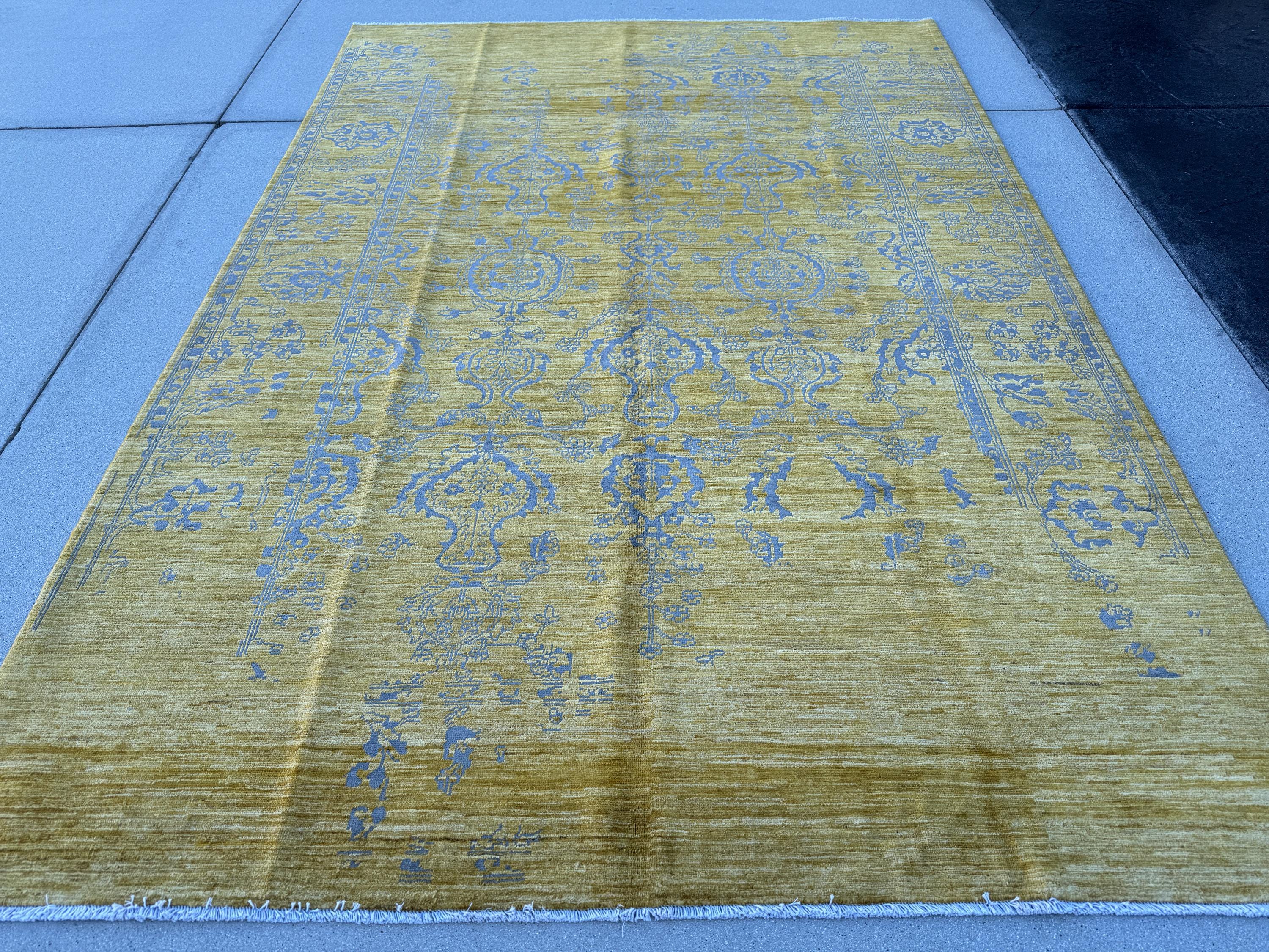 6x9 (198x287) Handmade Afghan Rug | Cornsilk Yellow Saffron Gold Grey Royal Blue | Wool Neutral Solid Modern Minimalist Contemporary