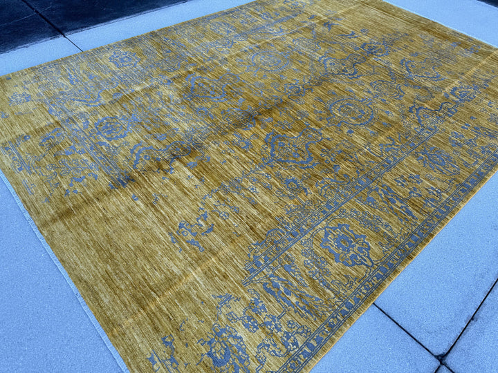 6x9 (198x287) Handmade Afghan Rug | Cornsilk Yellow Saffron Gold Grey Royal Blue | Wool Neutral Solid Modern Minimalist Contemporary