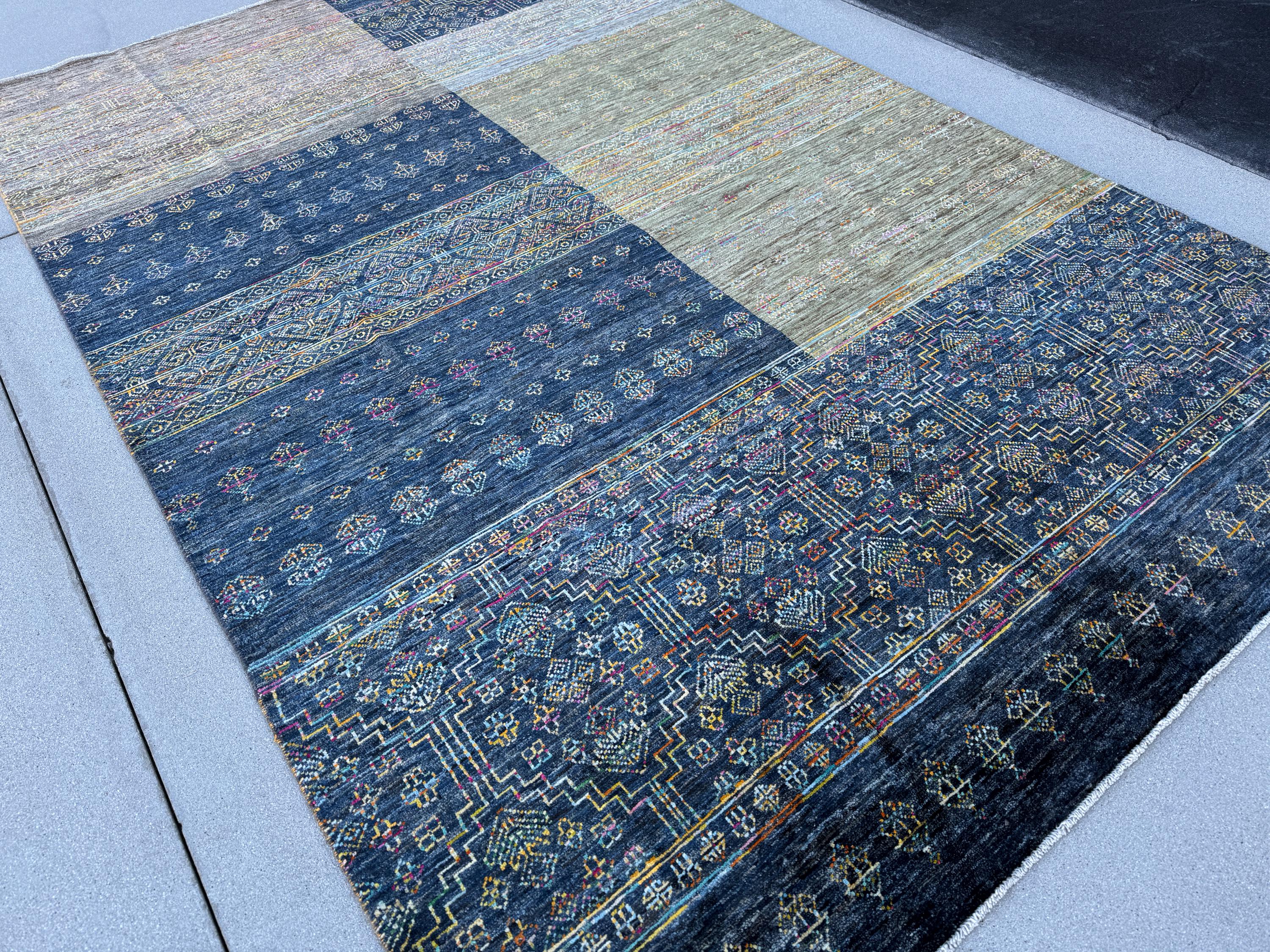 7x10 (213x304) Handmade Afghan Rug | Prussian Denim Sky Aqua Blue Peach Saffron Orange Beige Tan Sand Brown Rust Red Fuchsia | Wool