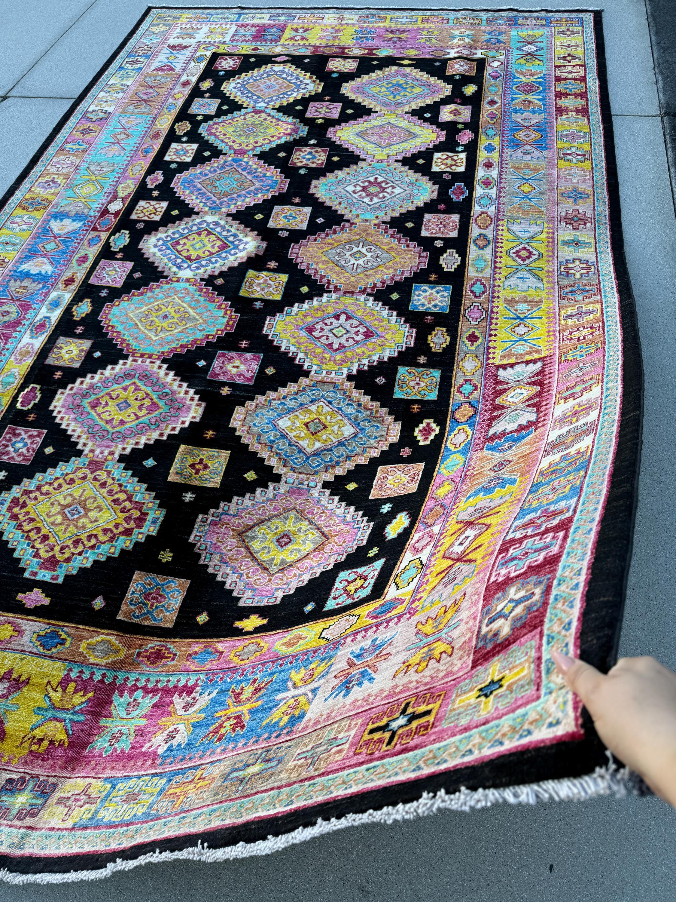 6-7x11 (198x335) Handmade Afghan Rug | Black Ivory White Yellow Fuchsia Salmon Blush Pink Denim Aqua Blue Turquoise Red Caramel Brown | Wool