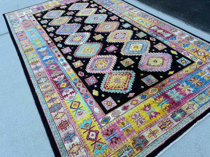 6-7x11 (198x335) Handmade Afghan Rug | Black Ivory White Yellow Fuchsia Salmon Blush Pink Denim Aqua Blue Turquoise Red Caramel Brown | Wool