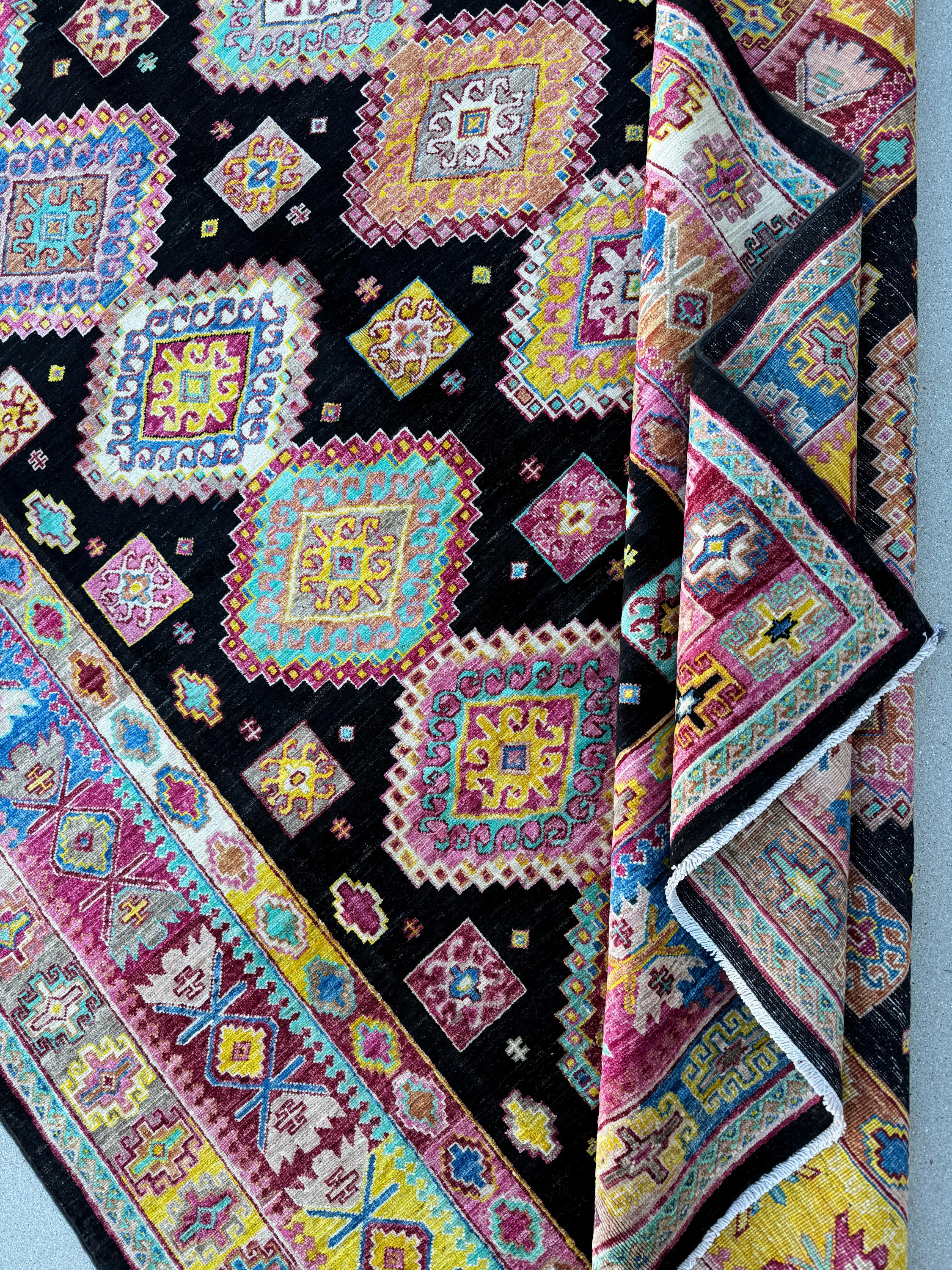 6-7x11 (198x335) Handmade Afghan Rug | Black Ivory White Yellow Fuchsia Salmon Blush Pink Denim Aqua Blue Turquoise Red Caramel Brown | Wool