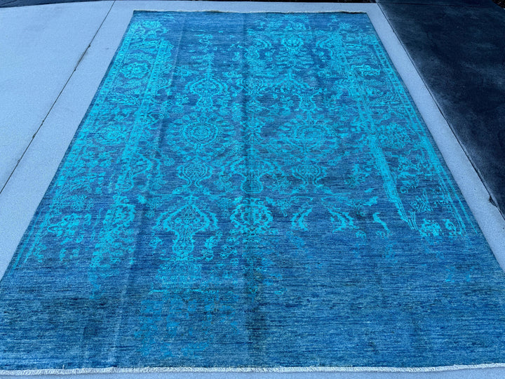 7x10 (213x292) Handmade Afghan Rug | Sapphire Denim Prussian Blue Teal Turquoise | Wool Floral High Contrast Bold Distressed Persian Ornate