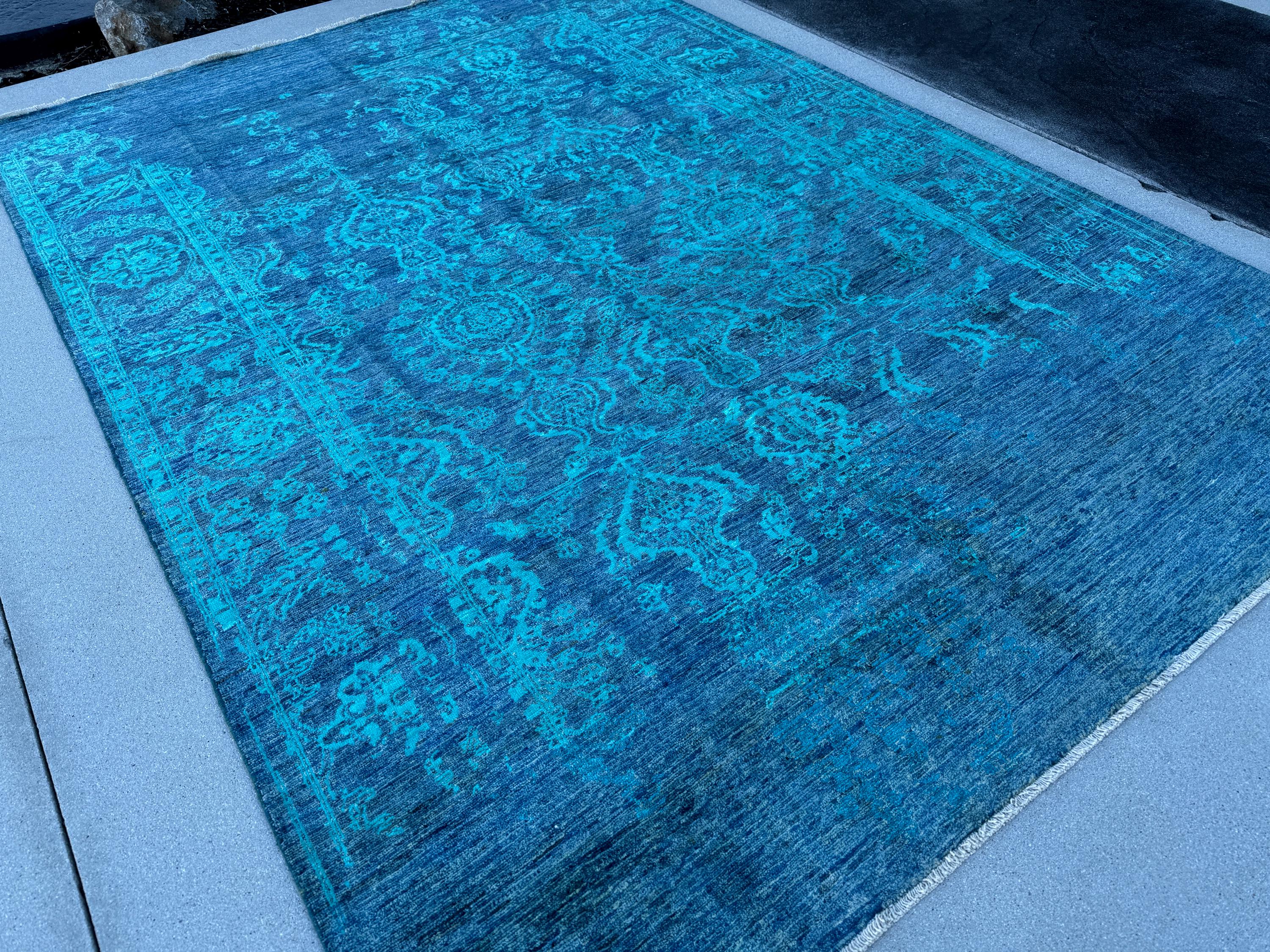 7x10 (213x292) Handmade Afghan Rug | Sapphire Denim Prussian Blue Teal Turquoise | Wool Floral High Contrast Bold Distressed Persian Ornate