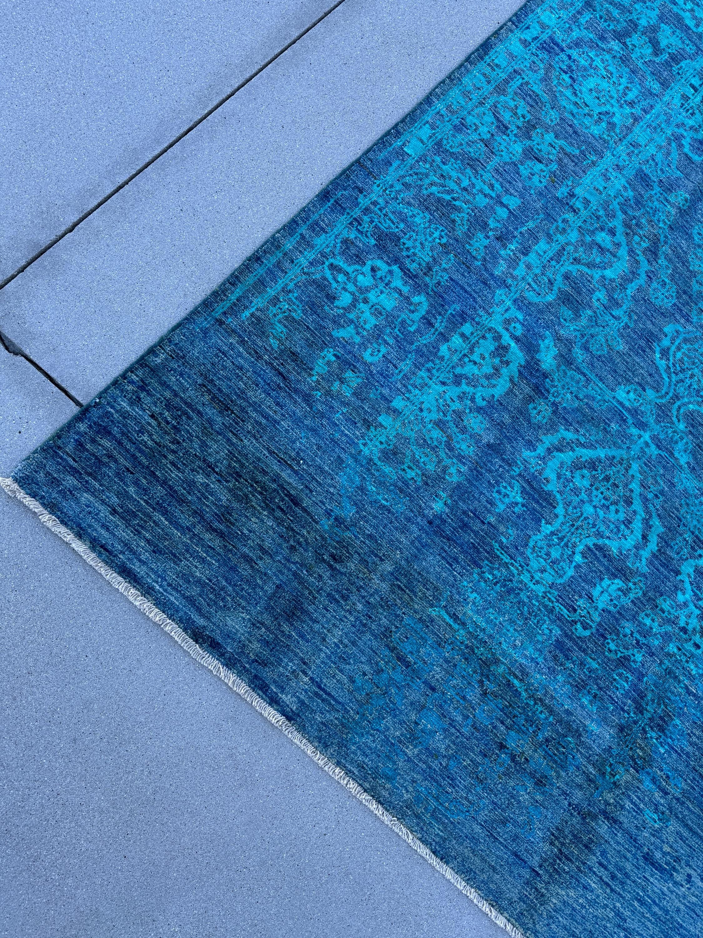 7x10 (213x292) Handmade Afghan Rug | Sapphire Denim Prussian Blue Teal Turquoise | Wool Floral High Contrast Bold Distressed Persian Ornate