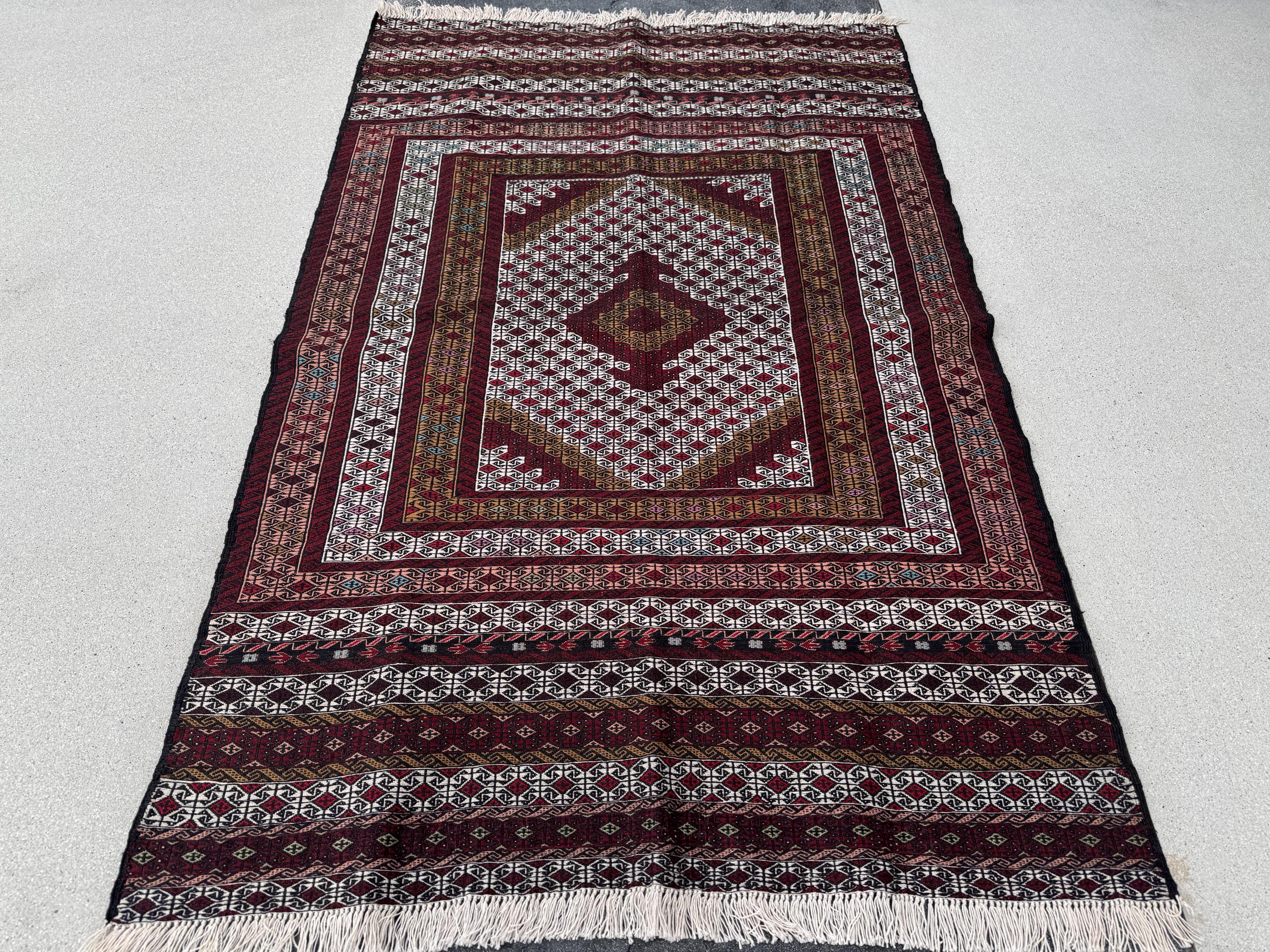 4x6 (127x205) Handmade Vintage Soumak Afghan Rug | Crimson Garnet Brick Ruby Blood Red Auburn Maroon Taupe Ivory Cream Prussian Blue Black