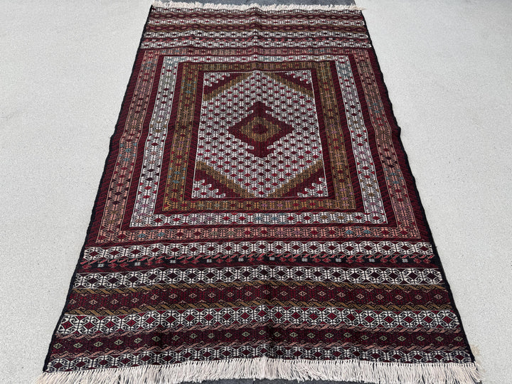 4x6 (127x205) Handmade Vintage Soumak Afghan Rug | Crimson Garnet Brick Ruby Blood Red Auburn Maroon Taupe Ivory Cream Prussian Blue Black