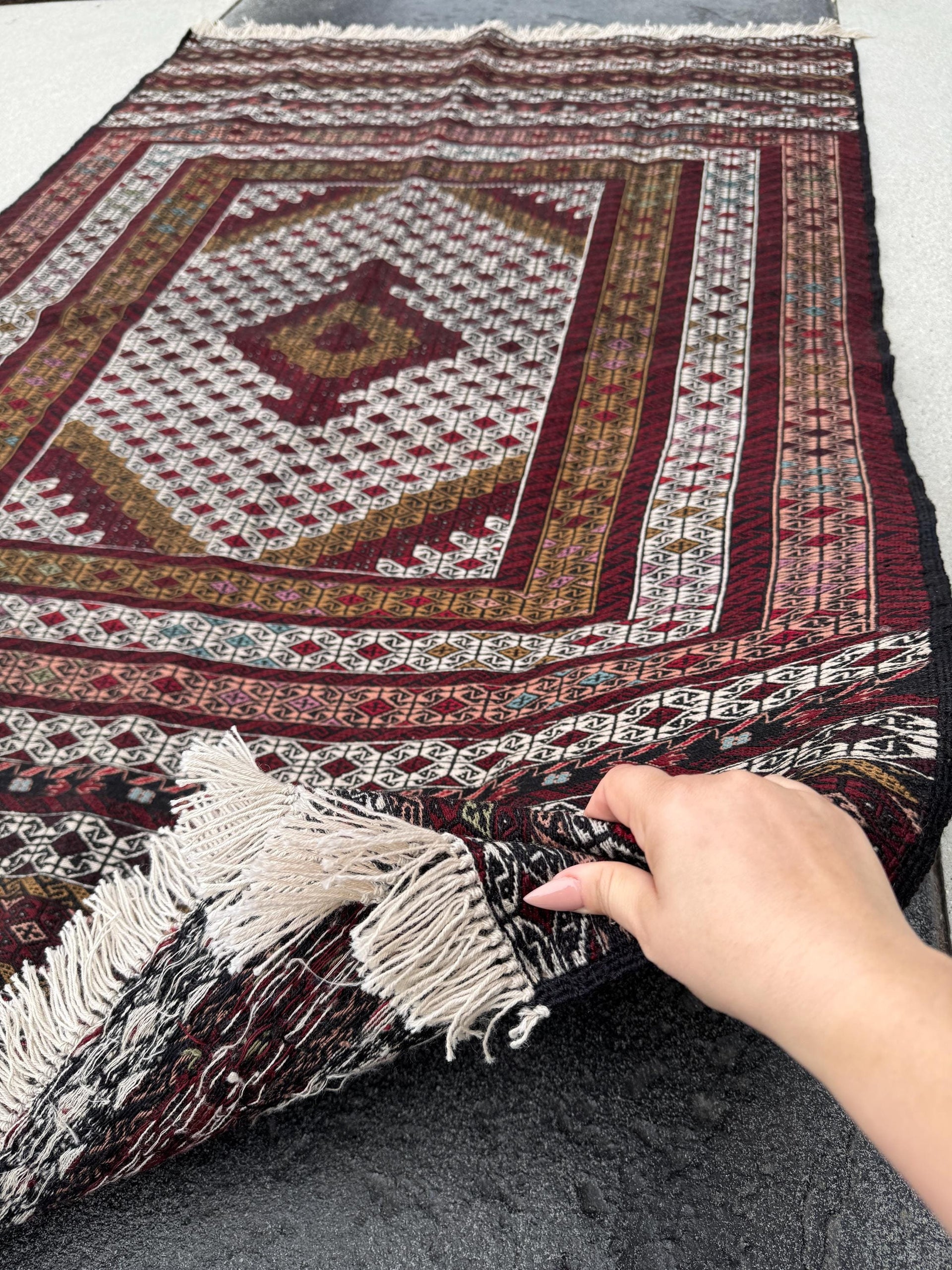 4x6 (127x205) Handmade Vintage Soumak Afghan Rug | Crimson Garnet Brick Ruby Blood Red Auburn Maroon Taupe Ivory Cream Prussian Blue Black