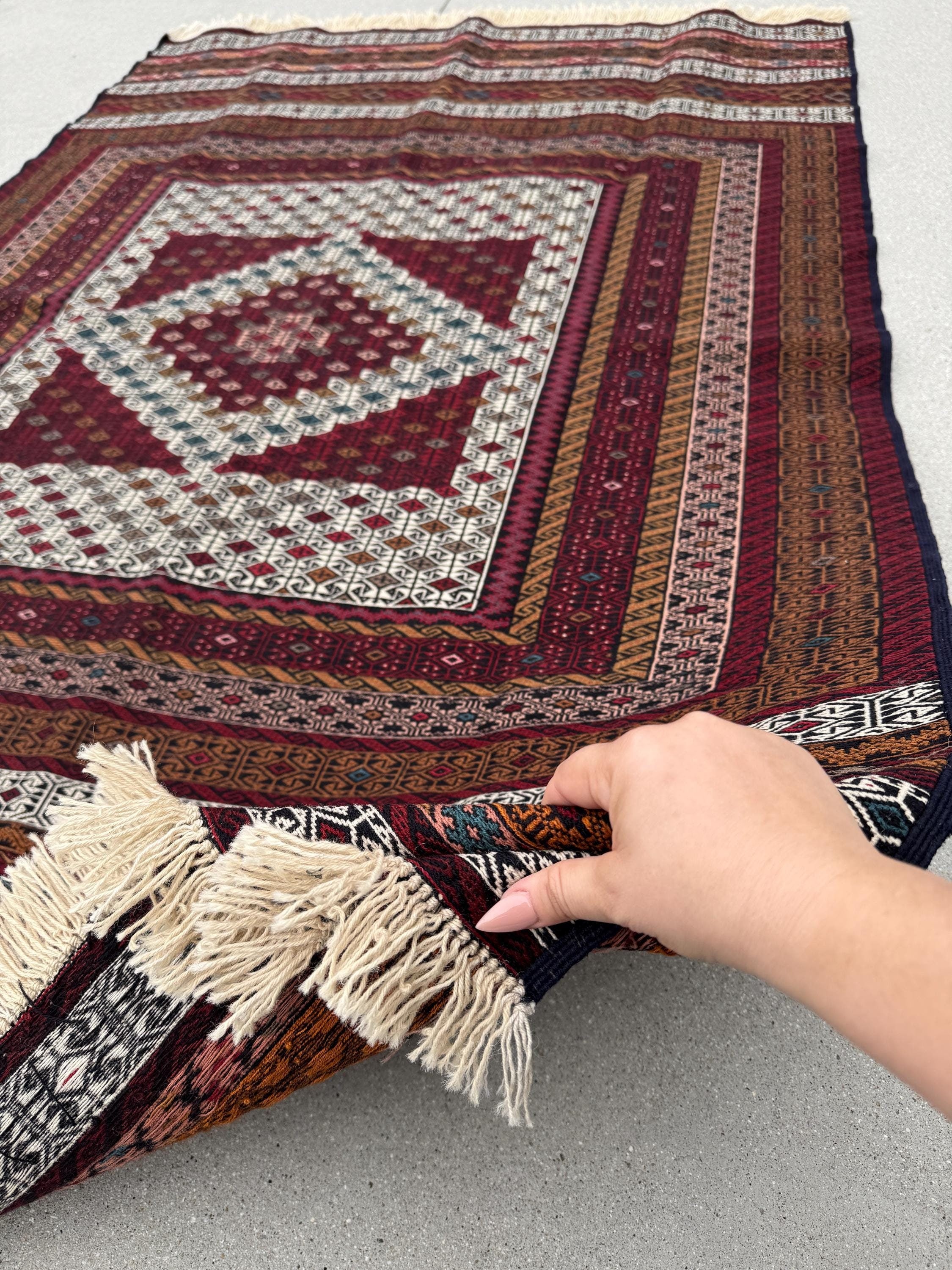 4x7 (132x205) Handmade Vintage Soumak Afghan Rug | Crimson Garnet Brick Red Maroon Taupe Ivory Prussian Blue Peach Fuchsia Eggplant Black