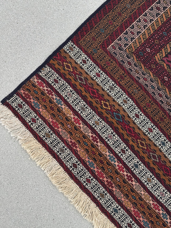 4x6 (119x198) Handmade Vintage Soumak Afghan Rug | Crimson Garnet Brick Red Maroon Taupe Ivory Prussian Blue Peach Fuchsia Eggplant Black