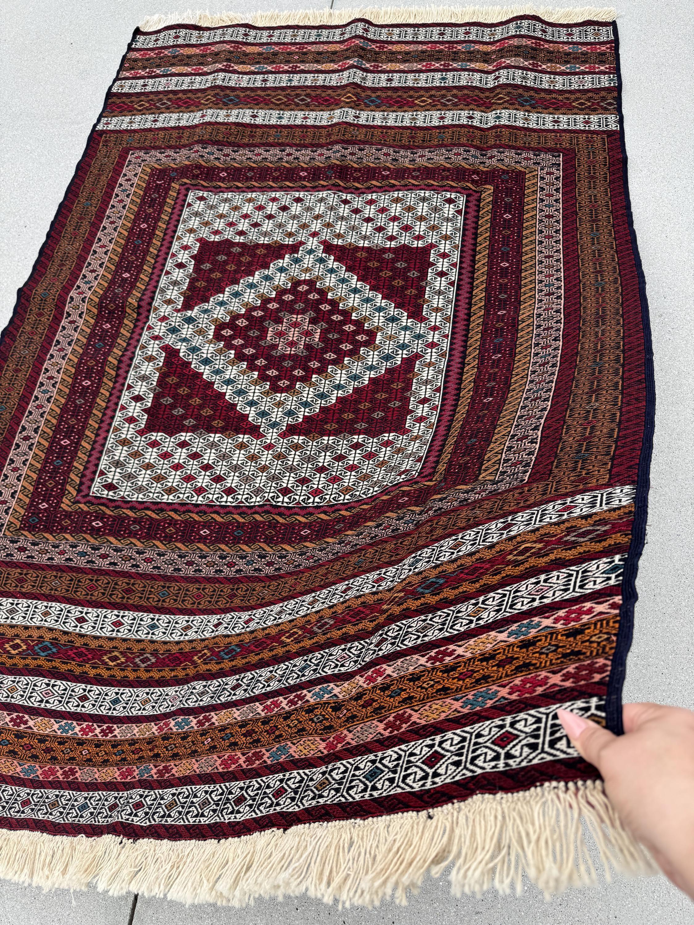 4x6 (119x198) Handmade Vintage Soumak Afghan Rug | Crimson Garnet Brick Red Maroon Taupe Ivory Prussian Blue Peach Fuchsia Eggplant Black