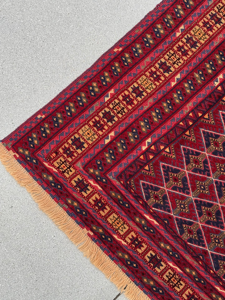 5x7 (144x195) Handmade Vintage Afghan Rug | Cherry Red Orange Navy Blue Chocolate Brown Crimson Red | Mishawani Barjasta Knotted Wool