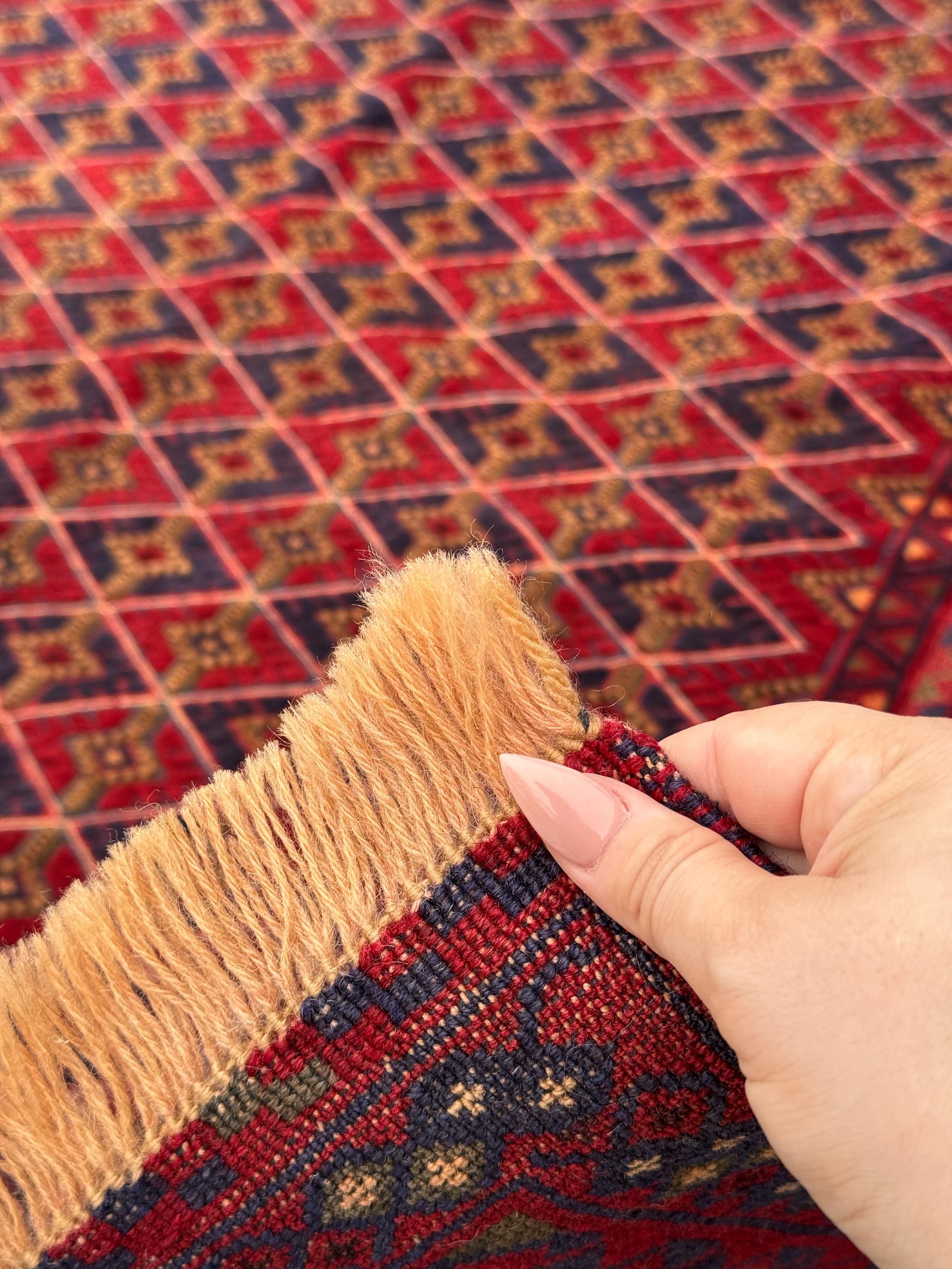 5x7 (144x195) Handmade Vintage Afghan Rug | Cherry Red Orange Navy Blue Chocolate Brown Crimson Red | Mishawani Barjasta Knotted Wool