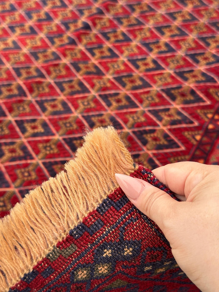 5x7 (144x195) Handmade Vintage Afghan Rug | Cherry Red Orange Navy Blue Chocolate Brown Crimson Red | Mishawani Barjasta Knotted Wool