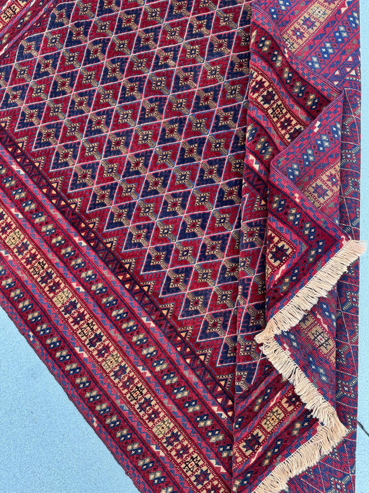 5x7 (144x195) Handmade Vintage Afghan Rug | Cherry Red Orange Navy Blue Chocolate Brown Crimson Red | Mishawani Barjasta Knotted Wool