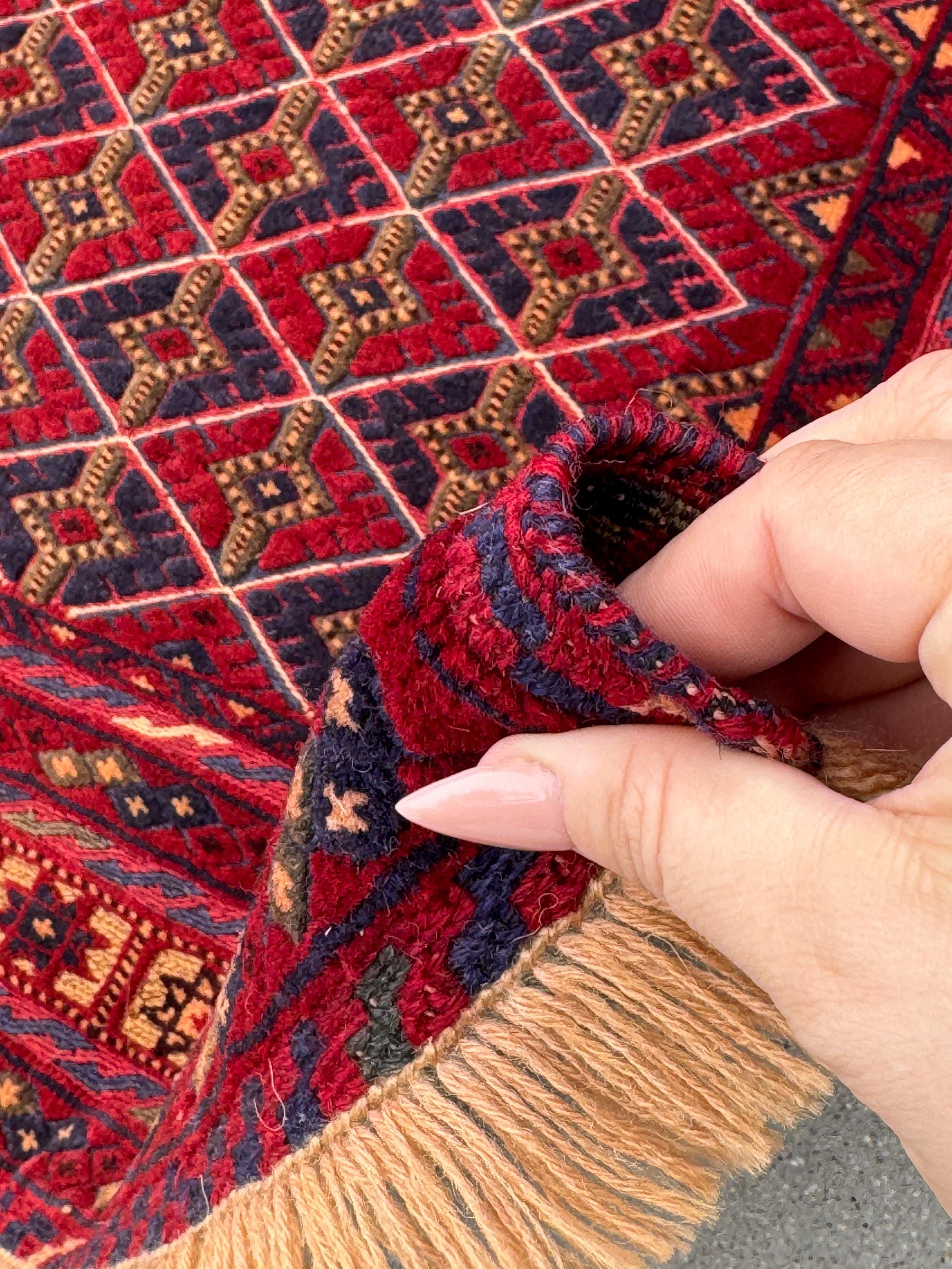 5x7 (144x195) Handmade Vintage Afghan Rug | Cherry Red Orange Navy Blue Chocolate Brown Crimson Red | Mishawani Barjasta Knotted Wool