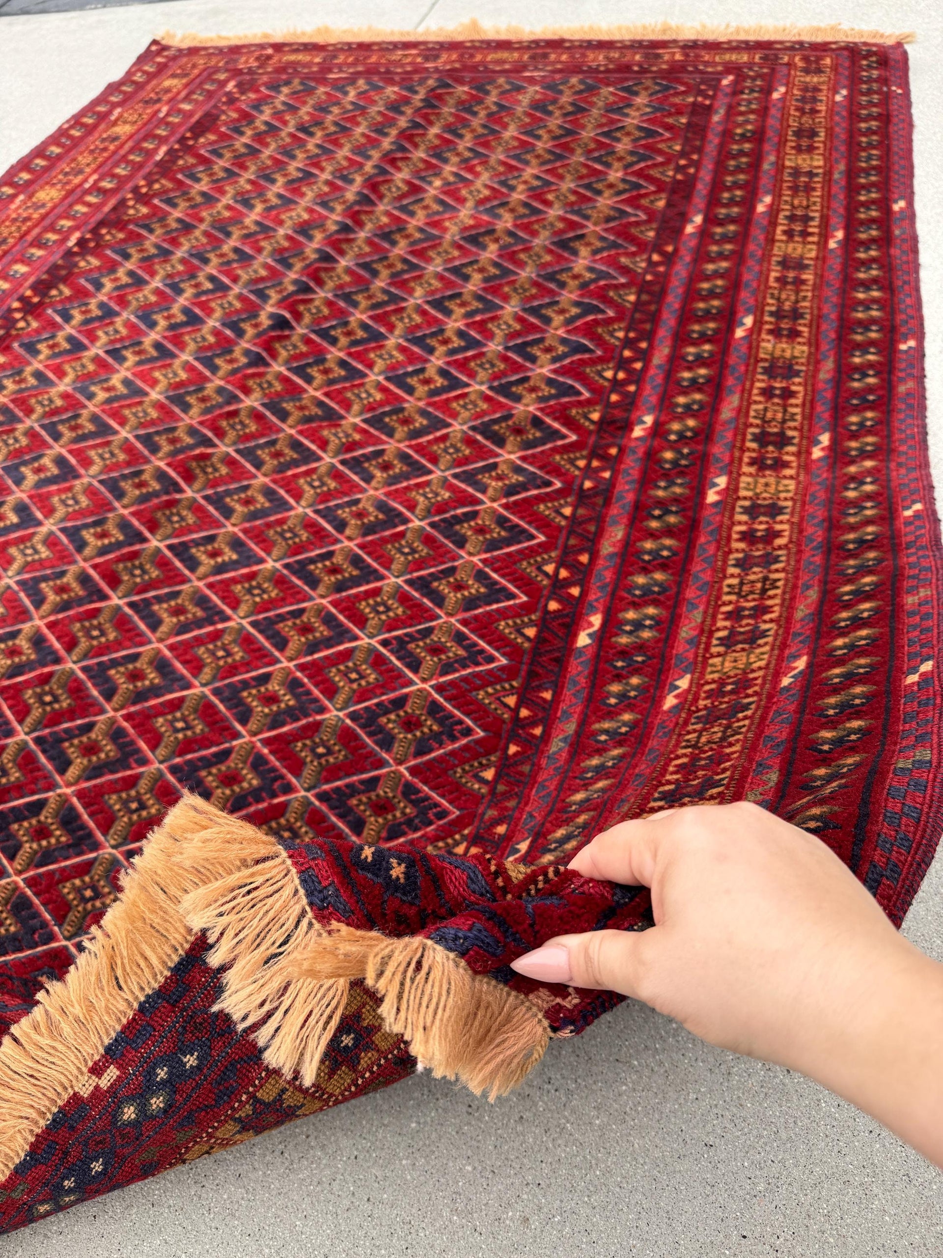 5x7 (144x195) Handmade Vintage Afghan Rug | Cherry Red Orange Navy Blue Chocolate Brown Crimson Red | Mishawani Barjasta Knotted Wool