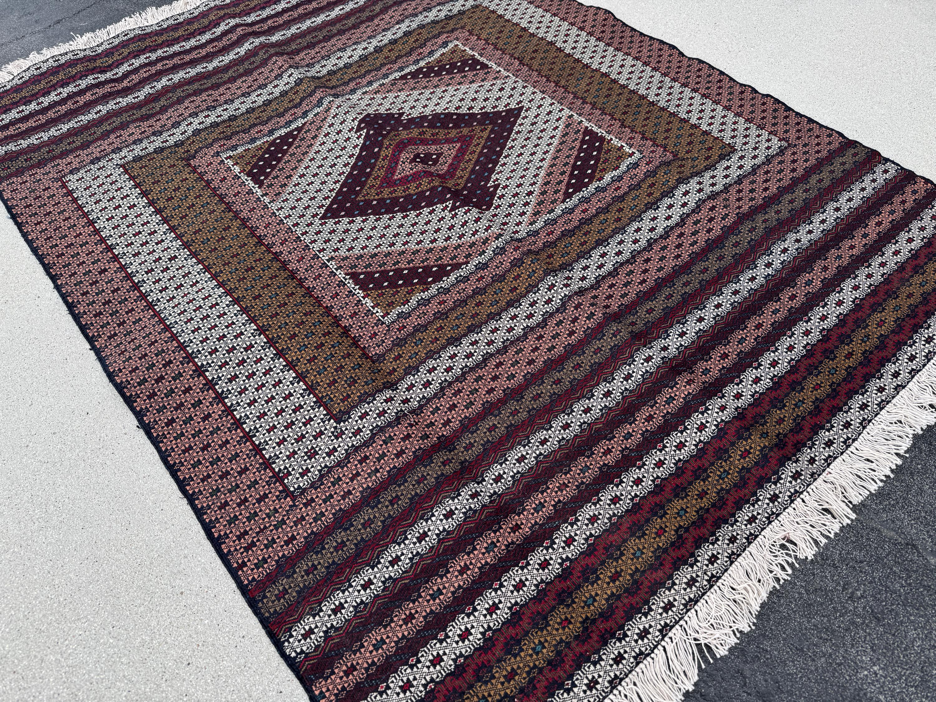 4x6 (132x182) Handmade Vintage Soumak Afghan Rug | Crimson Garnet Ruby Brick Red Auburn Maroon Taupe Ivory Prussian Blue Peach Saffron Black