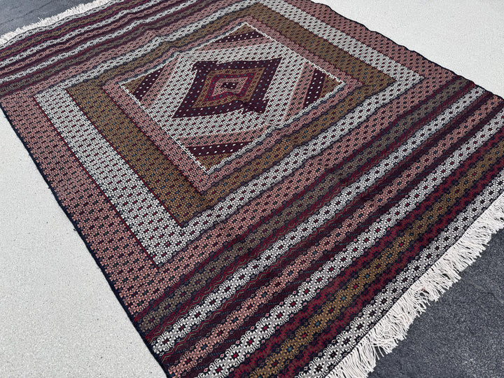 4x6 (132x182) Handmade Vintage Soumak Afghan Rug | Crimson Garnet Ruby Brick Red Auburn Maroon Taupe Ivory Prussian Blue Peach Saffron Black