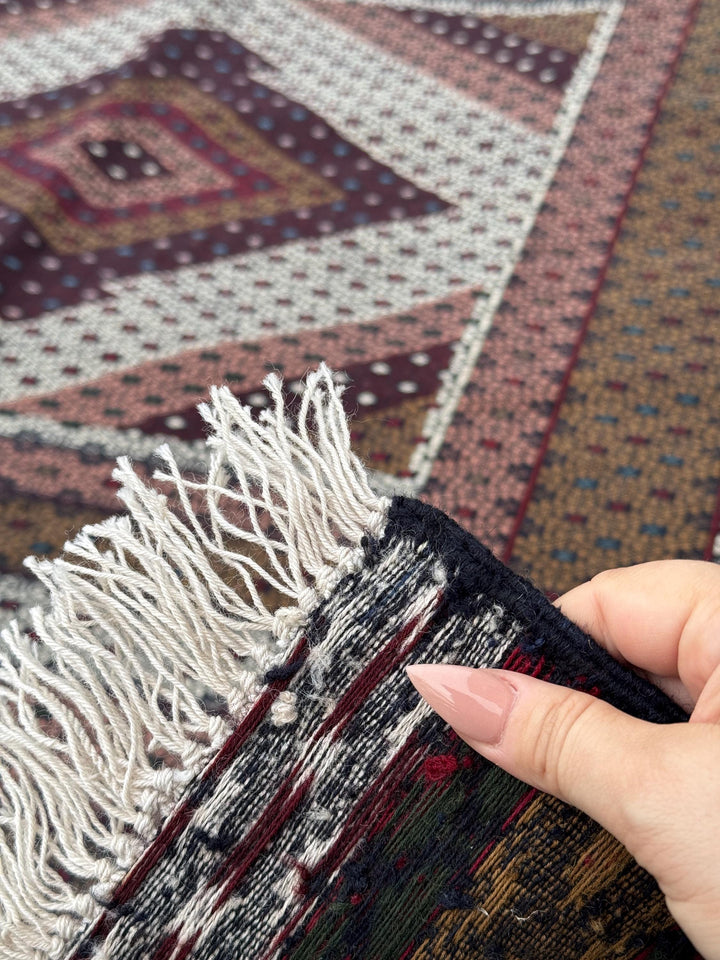 4x6 (132x182) Handmade Vintage Soumak Afghan Rug | Crimson Garnet Ruby Brick Red Auburn Maroon Taupe Ivory Prussian Blue Peach Saffron Black