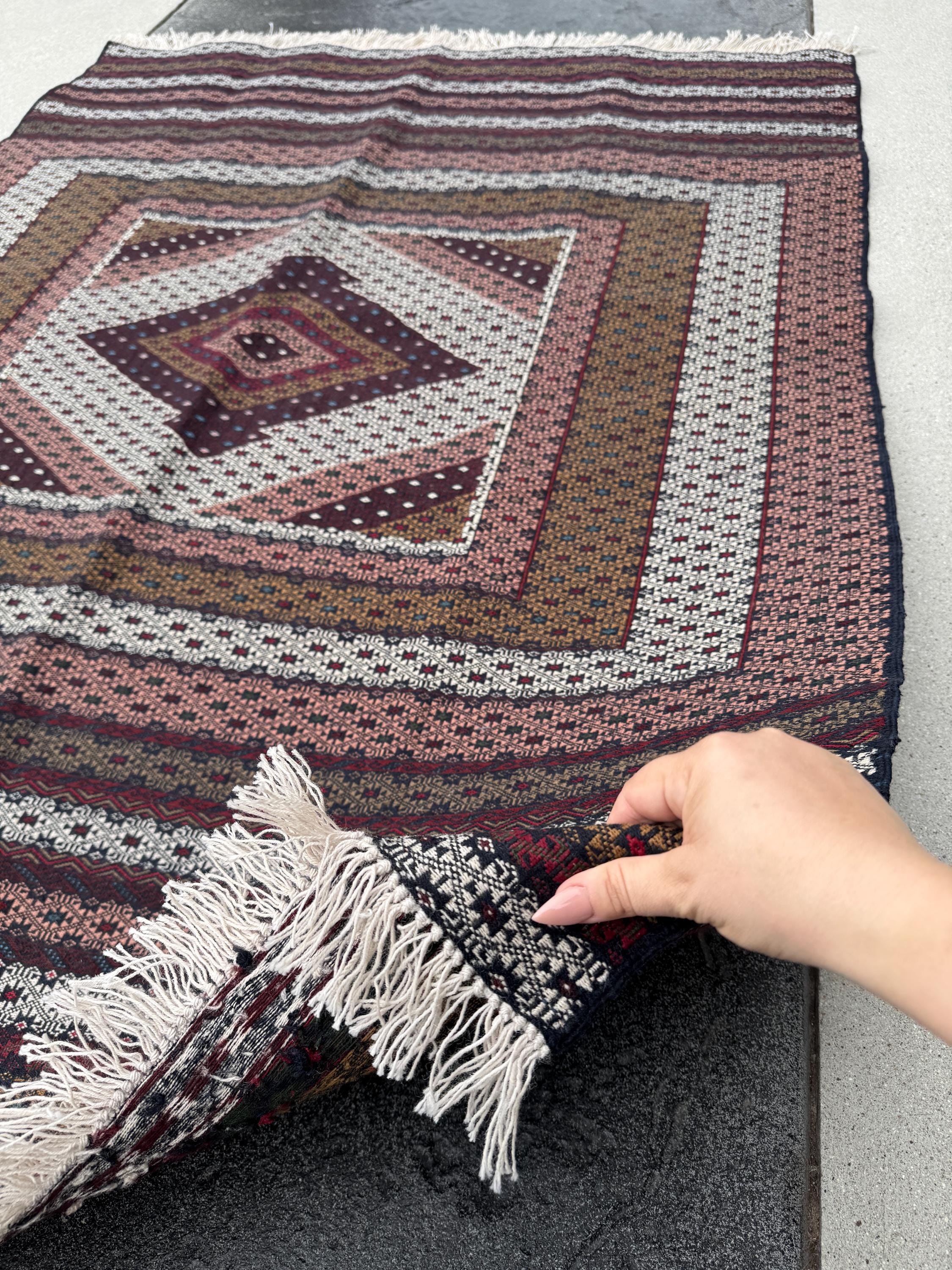 4x6 (132x182) Handmade Vintage Soumak Afghan Rug | Crimson Garnet Ruby Brick Red Auburn Maroon Taupe Ivory Prussian Blue Peach Saffron Black