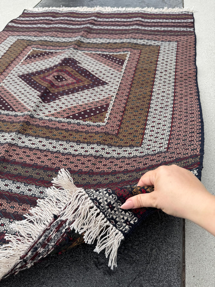 4x6 (132x182) Handmade Vintage Soumak Afghan Rug | Crimson Garnet Ruby Brick Red Auburn Maroon Taupe Ivory Prussian Blue Peach Saffron Black