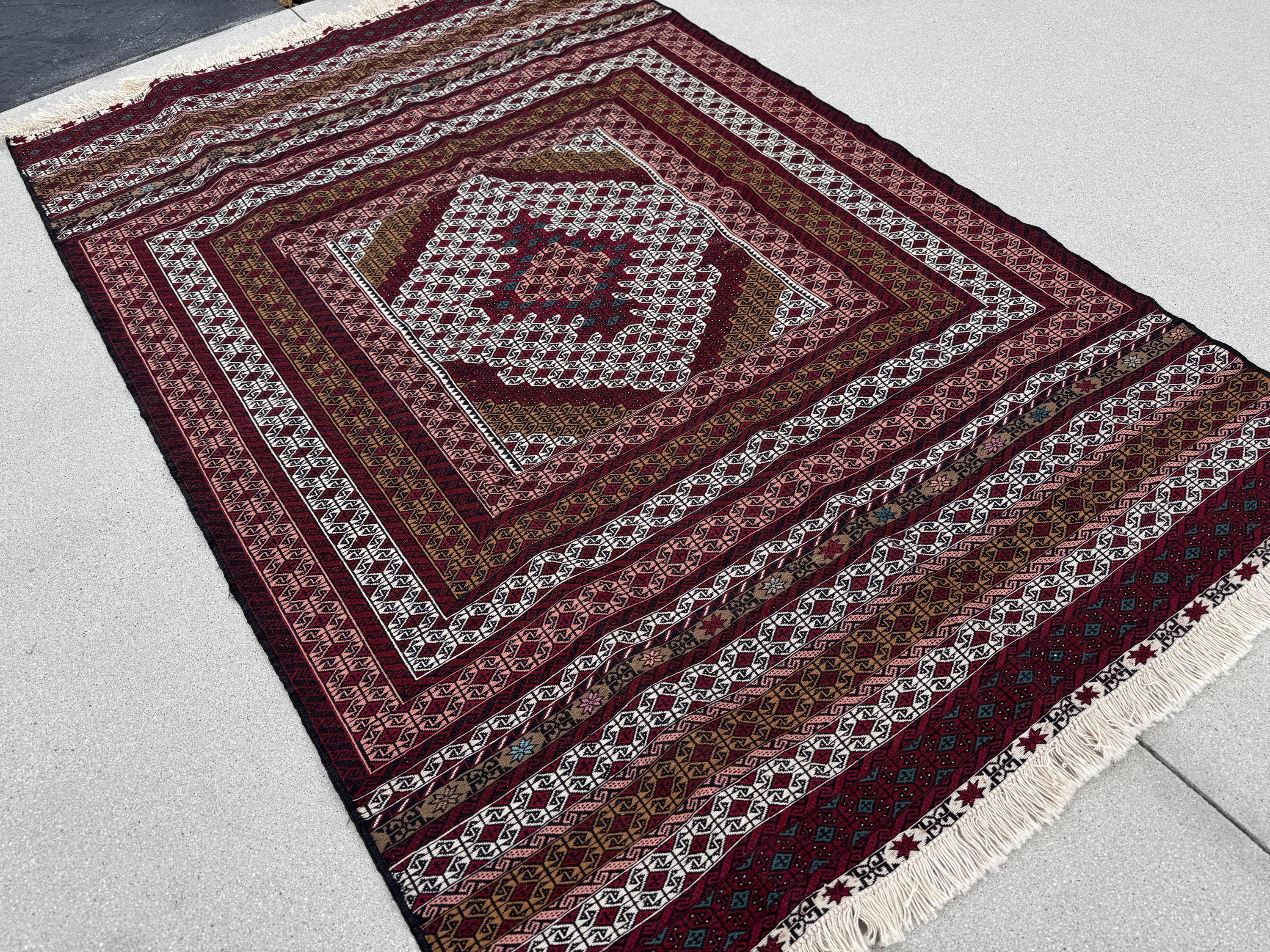 5x7 (134x208) Handmade Vintage Soumak Afghan Rug | Crimson Garnet Ruby Brick Red Auburn Maroon Taupe Ivory Prussian Blue Peach Saffron Black