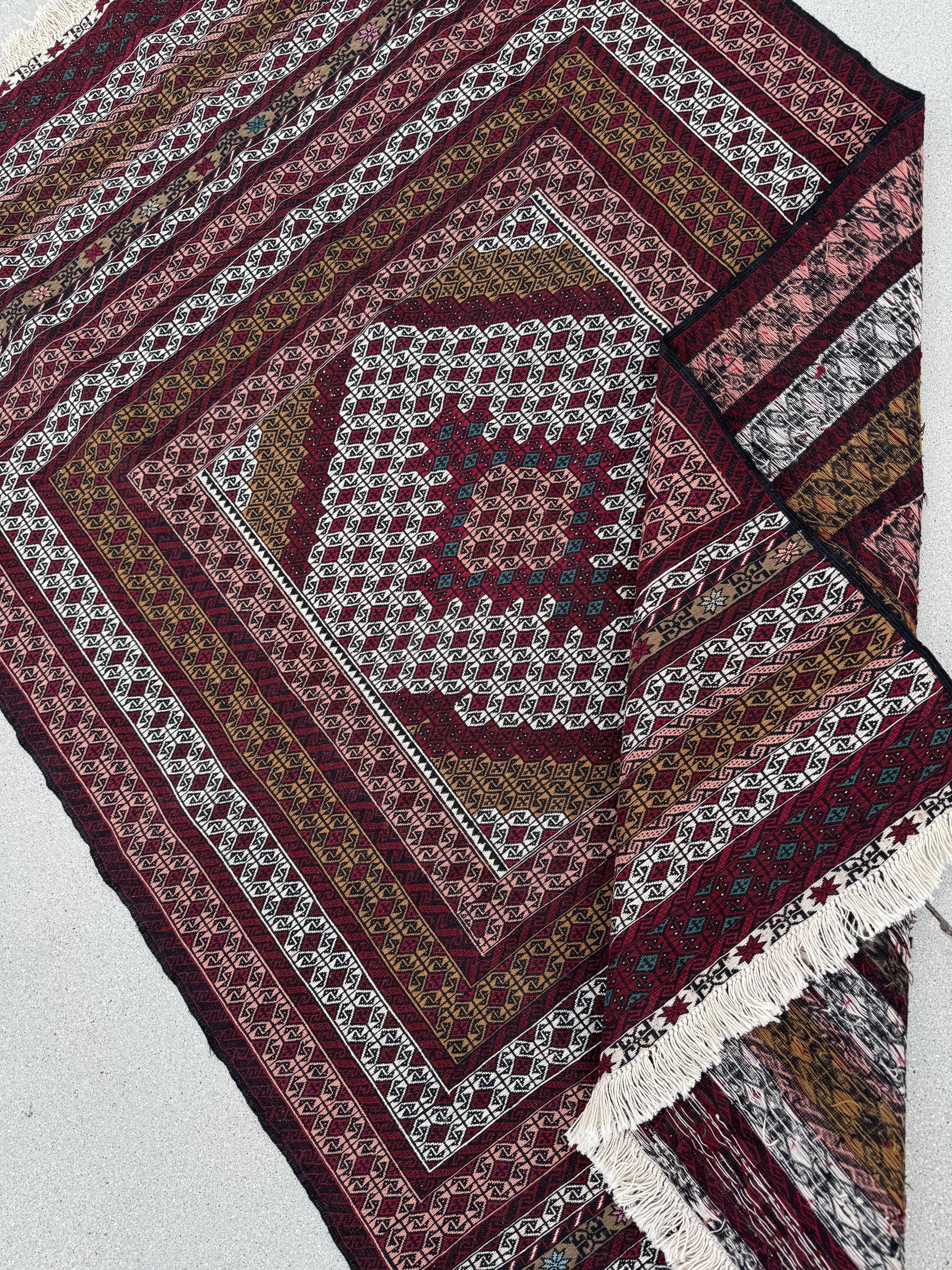 5x7 (134x208) Handmade Vintage Soumak Afghan Rug | Crimson Garnet Ruby Brick Red Auburn Maroon Taupe Ivory Prussian Blue Peach Saffron Black