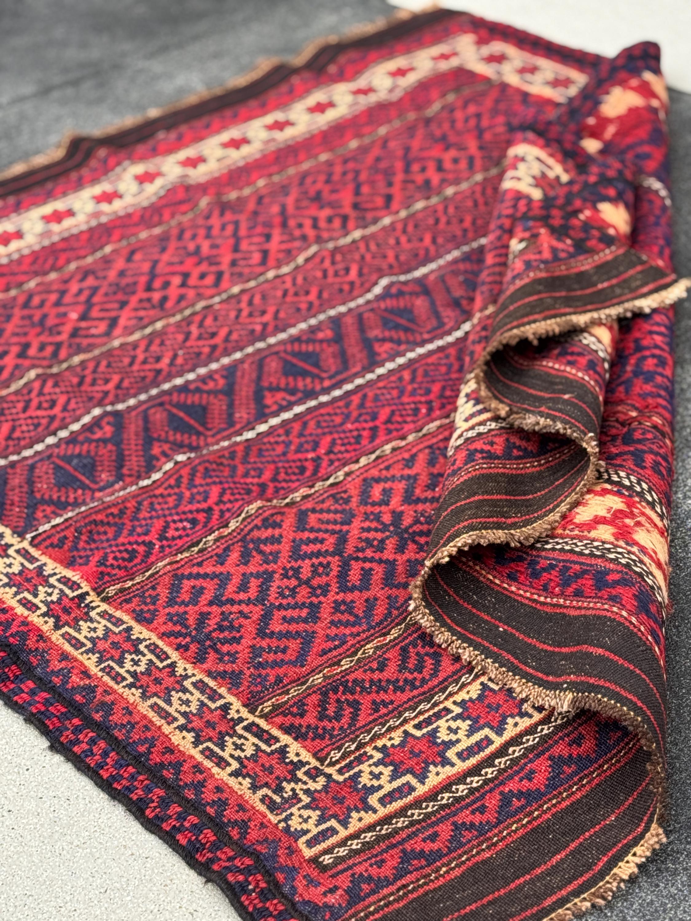 4x5 (132x142) Handmade Vintage Afghan Rug | Cherry Red Orange Navy Blue Chocolate Brown Crimson Red Black Saffron Gold | Mishawani Barjasta