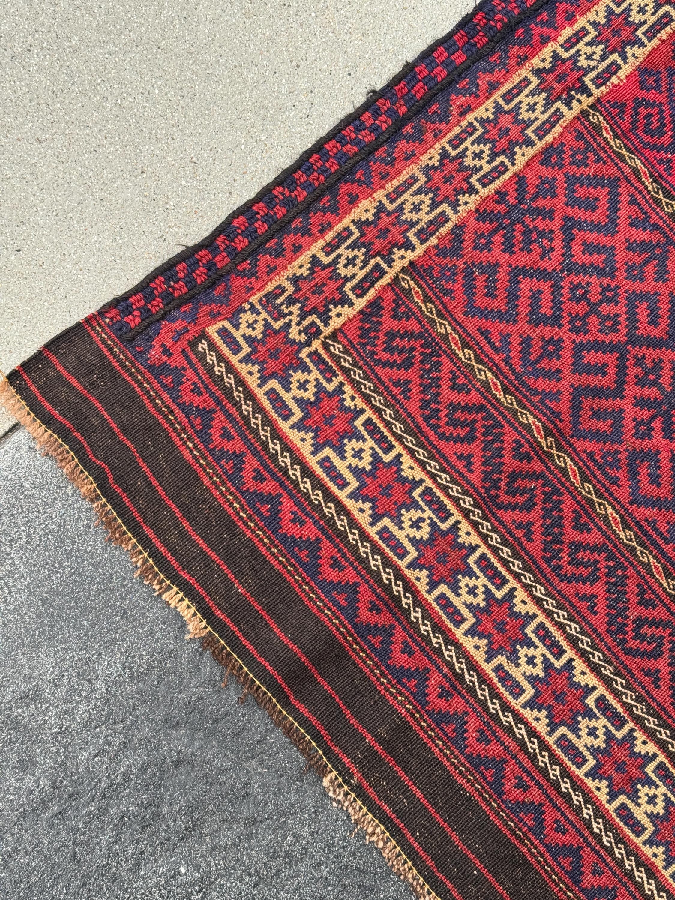 4x5 (132x142) Handmade Vintage Afghan Rug | Cherry Red Orange Navy Blue Chocolate Brown Crimson Red Black Saffron Gold | Mishawani Barjasta