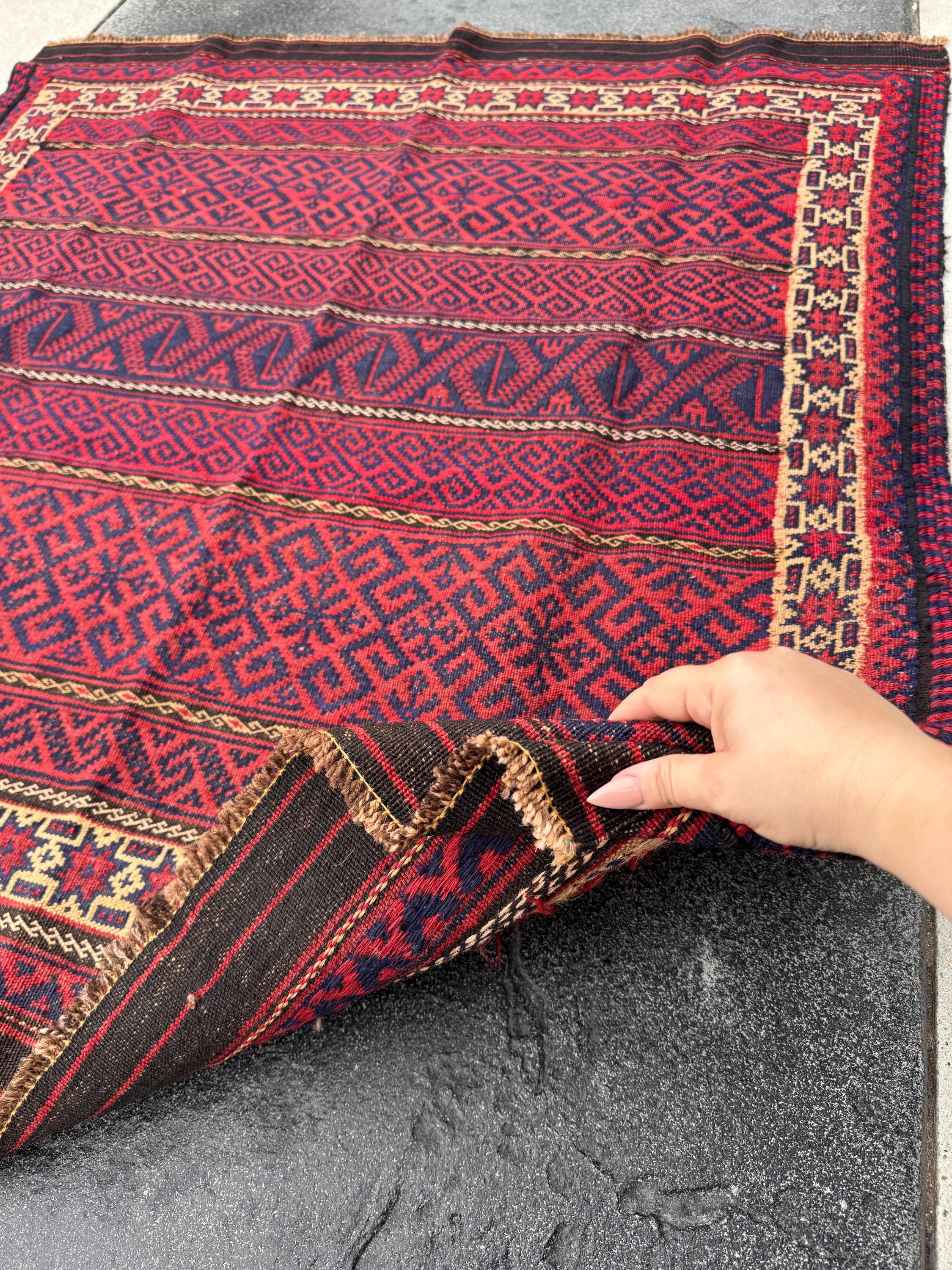 4x5 (132x142) Handmade Vintage Afghan Rug | Cherry Red Orange Navy Blue Chocolate Brown Crimson Red Black Saffron Gold | Mishawani Barjasta