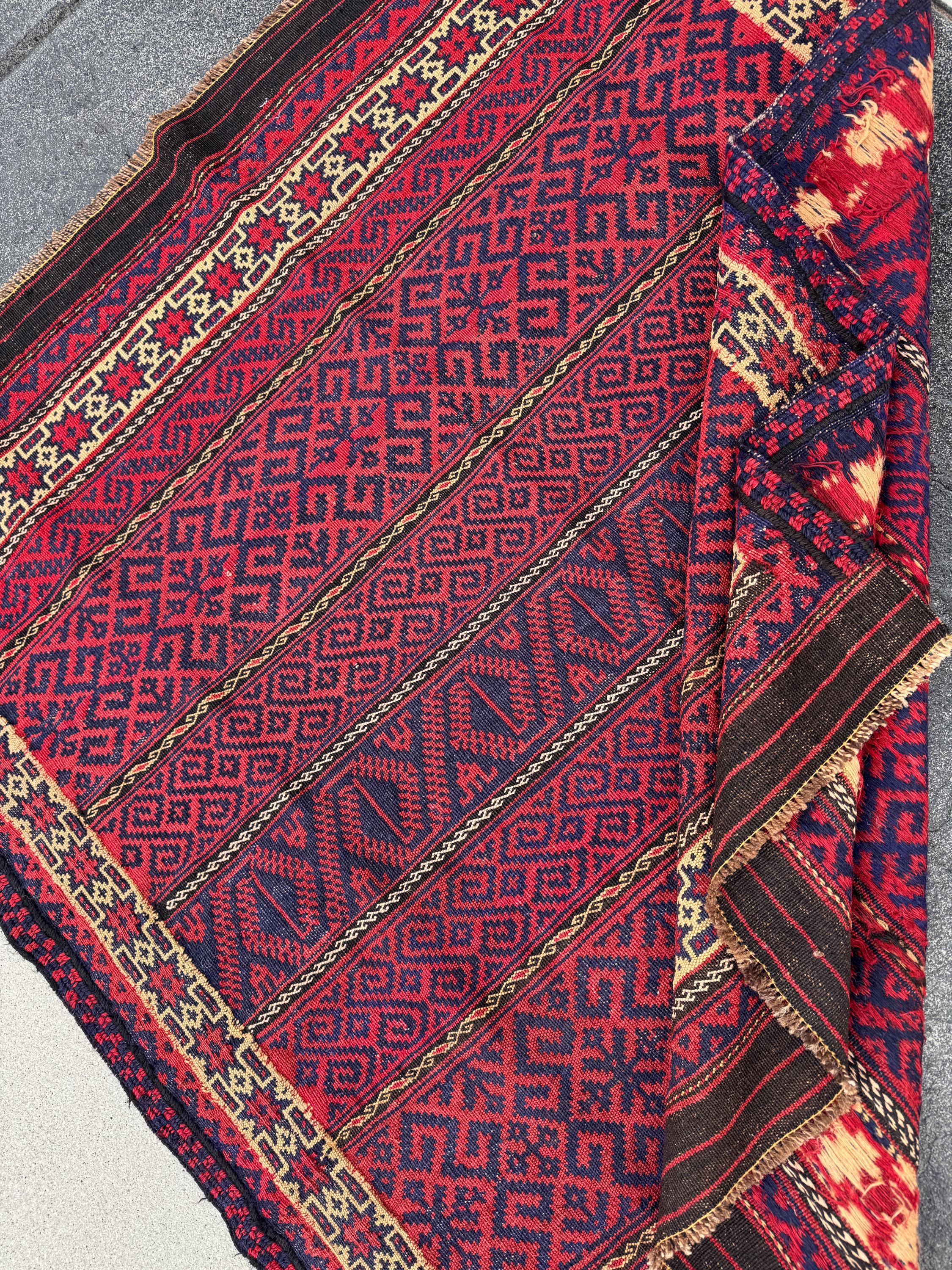 4x5 (132x142) Handmade Vintage Afghan Rug | Cherry Red Orange Navy Blue Chocolate Brown Crimson Red Black Saffron Gold | Mishawani Barjasta