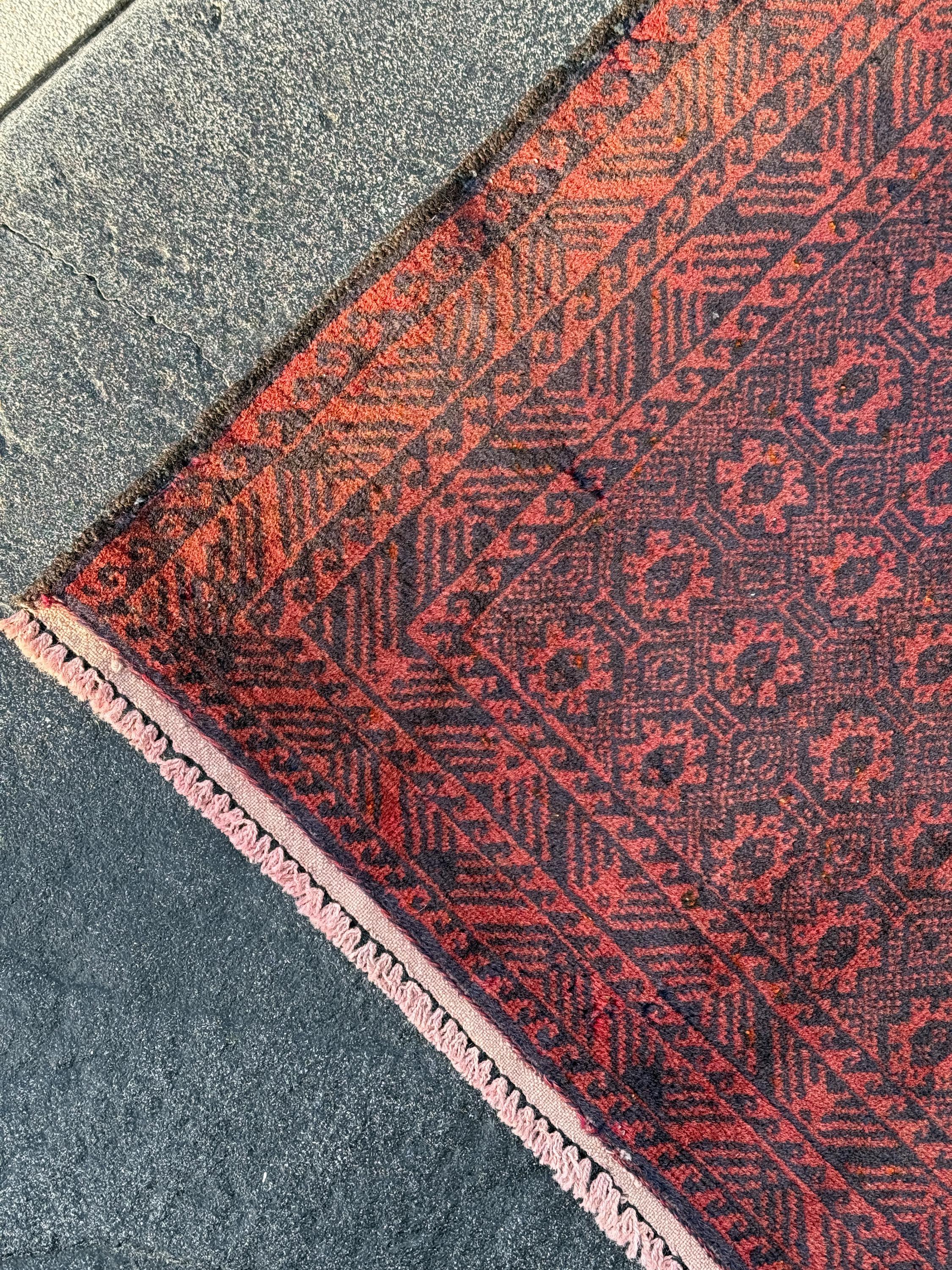 3x5 (91x152) Handmade Afghan Vintage Baluch Rug | Crimson Blood Brick Red Black Midnight Blue | Wool Persian Geometric Accent Traditional